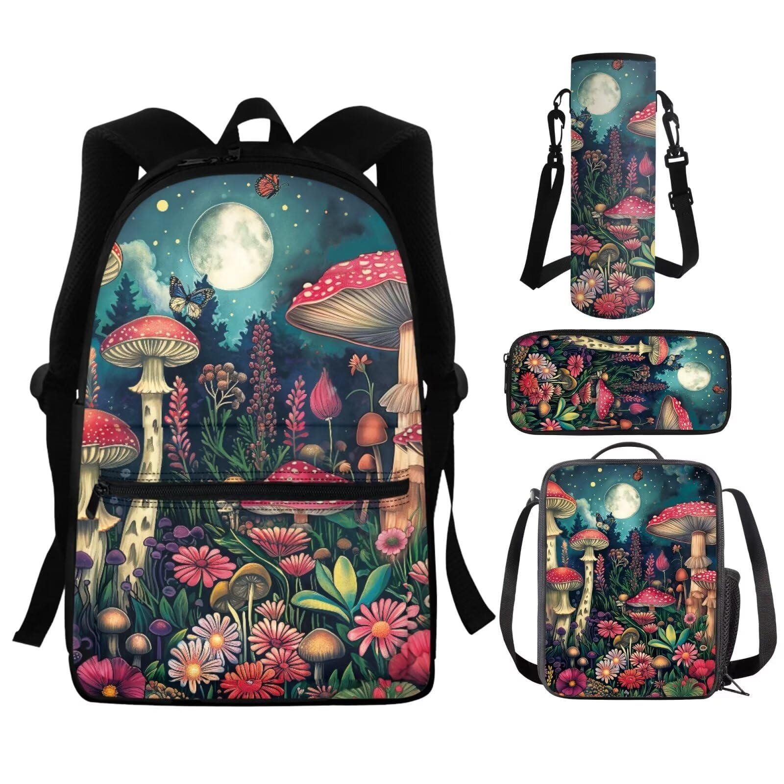 Dreaweet Mushroom Backpacks for Girls 12-14 with Lunch Box Middle School Bag Set with Lunchbox Pencil Case Water Bottle Holder 4 In 1 17 Inch Book Bag