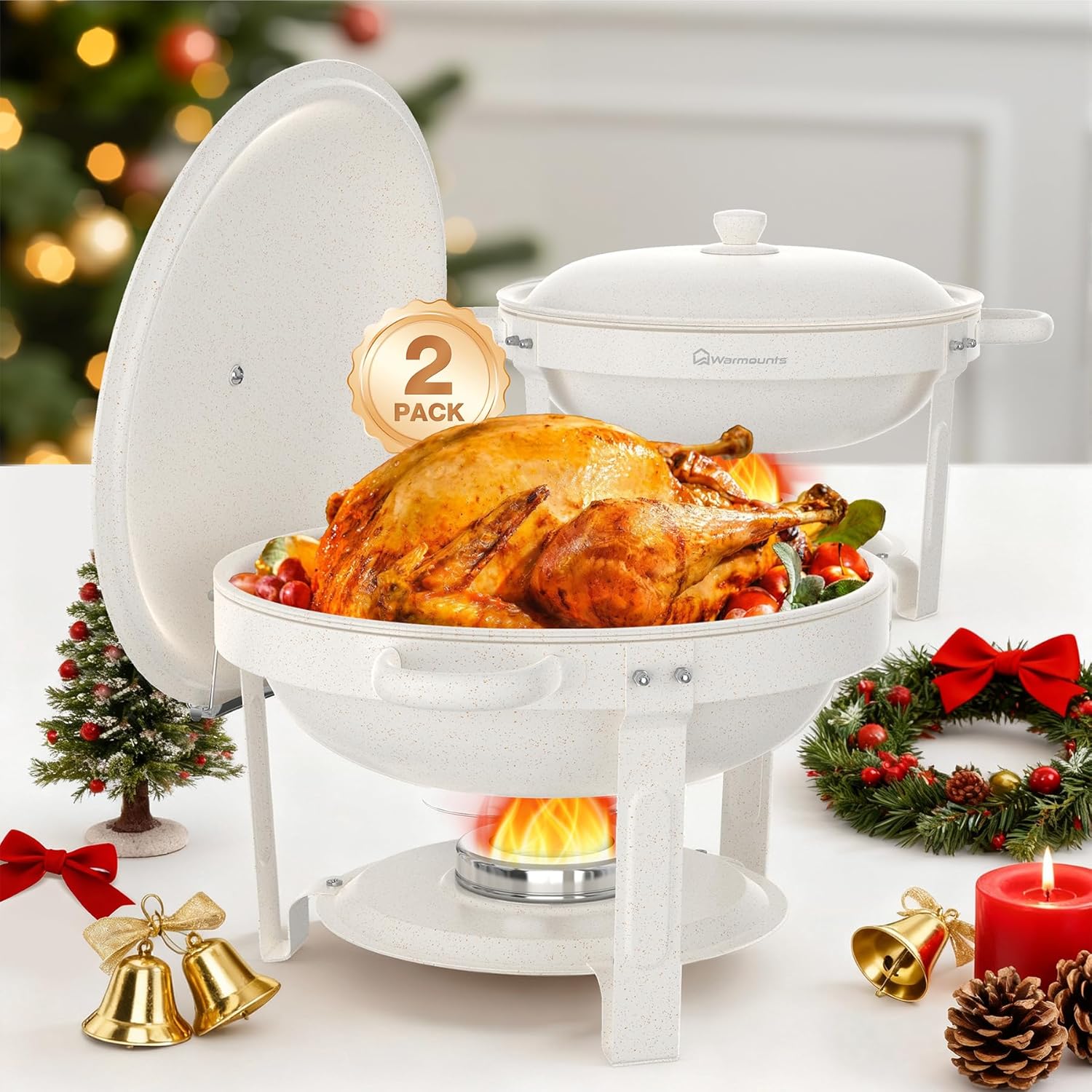 WARMOUNTS White Chafing Dishes for Buffet (5QT, 2Pack), Maifanite-Coated Round Chafers and Buffet Warmers Set w/Mirror-Polished Stainless Steel, Rolled Rim, Stackable, Lid Holder for Party, Wedding