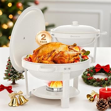 WARMOUNTS White Chafing Dishes for Buffet 5QT, 2Pack, Maifanite-Coated Round Chafers and Buffet Warmers Set w/Mirror-Polished Stainless Steel, Rolled Rim, Stackable, Lid Holder for Party, Wedding
