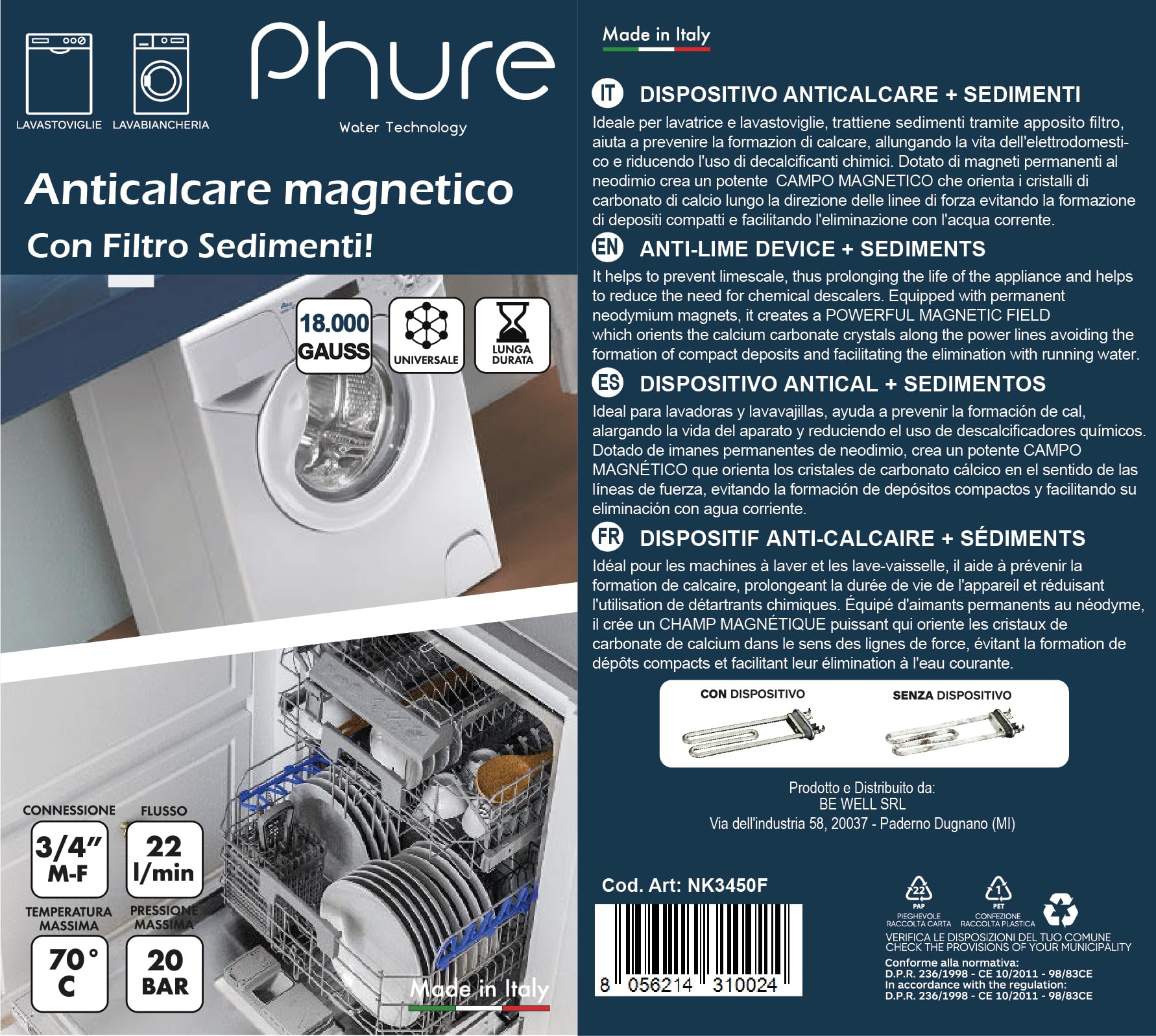 Phure Neokal Anti-Kalk-Gerät für Waschmaschine mit Sedimentfilter Kalkfilter für Waschmaschine und Spülmaschine, Universal 3/4 Zoll, kompatibel mit allen Marken