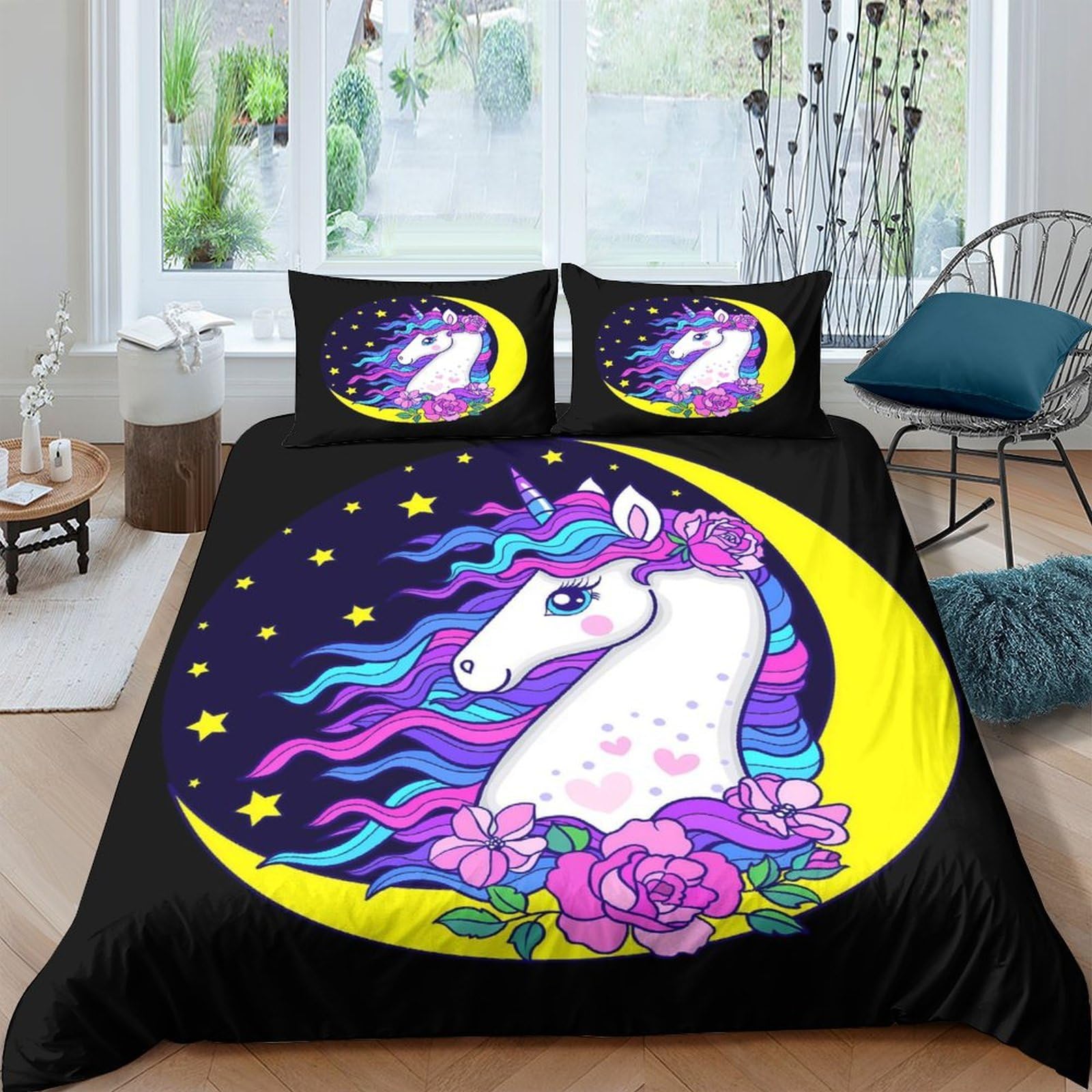 Ctjqhvkz Style-8 3D Printed Moon Unicorn Fitted Sheet Microfiber Soft Floral Star Bed Cover For Bedroom Guest Room Dorm Decor Single（135X200cm）