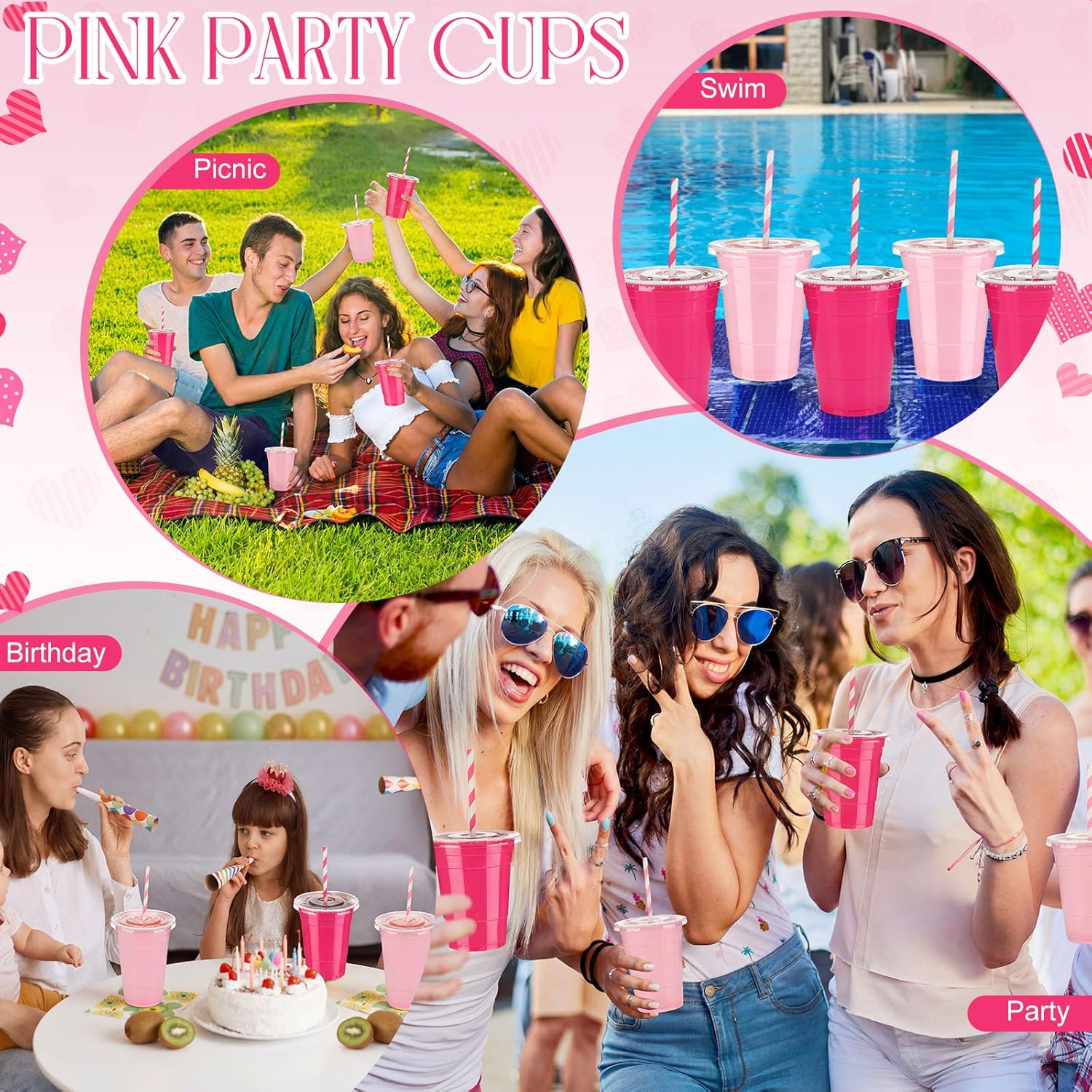 50 Set Valentine's Day Plastic Cups with Lids and Straws 16 oz Pink Fuchsia Disposable Beverage Drinking Cups for Wedding Birthday Bachelorette Party - Image 6