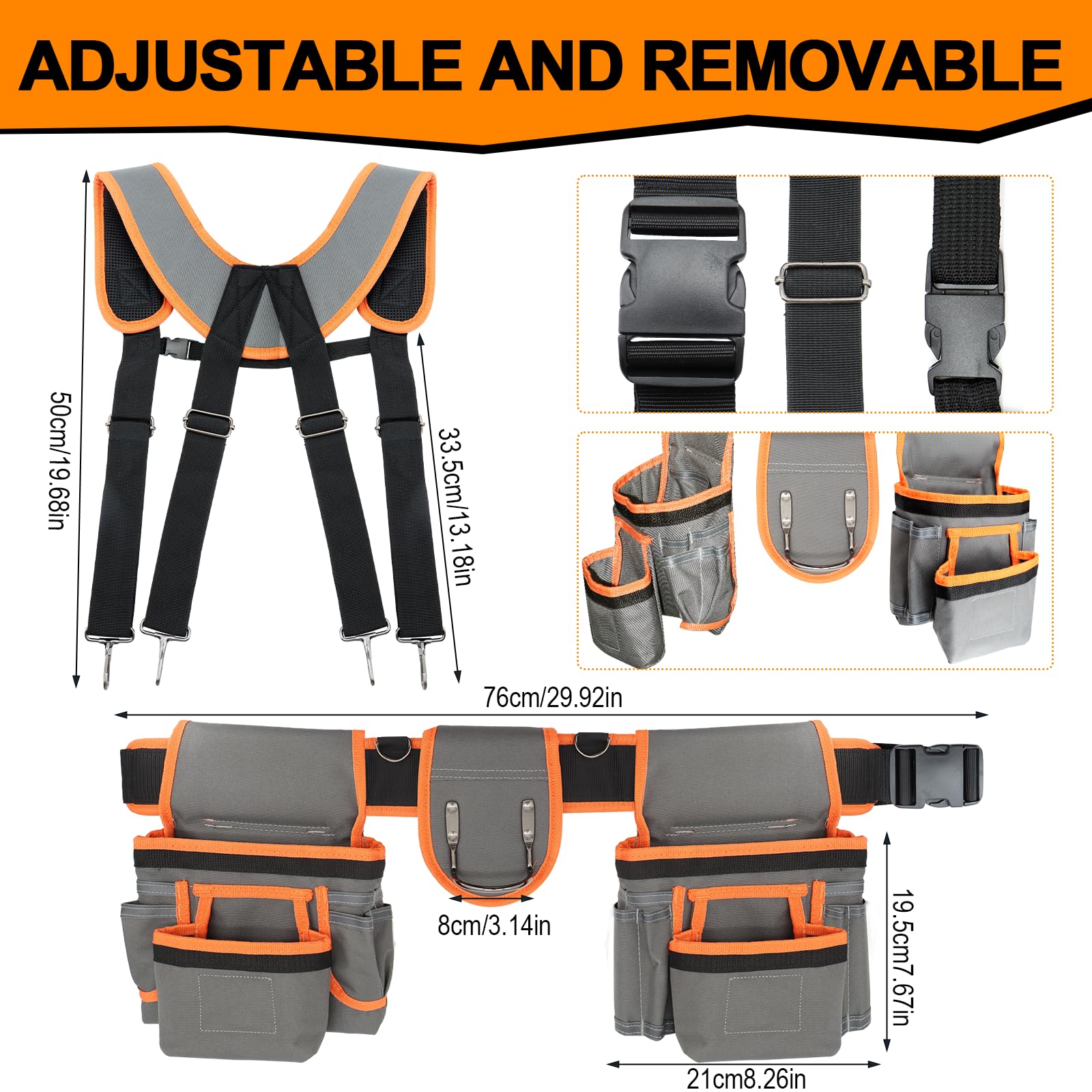 Cintura porta attrezzi da uomo con funzione magnetica, grande capacità, cintura per attrezzi da falegname, elettricista, con bretelle, borsa per attrezzi da elettricista, con vita regolabile, grigio e
