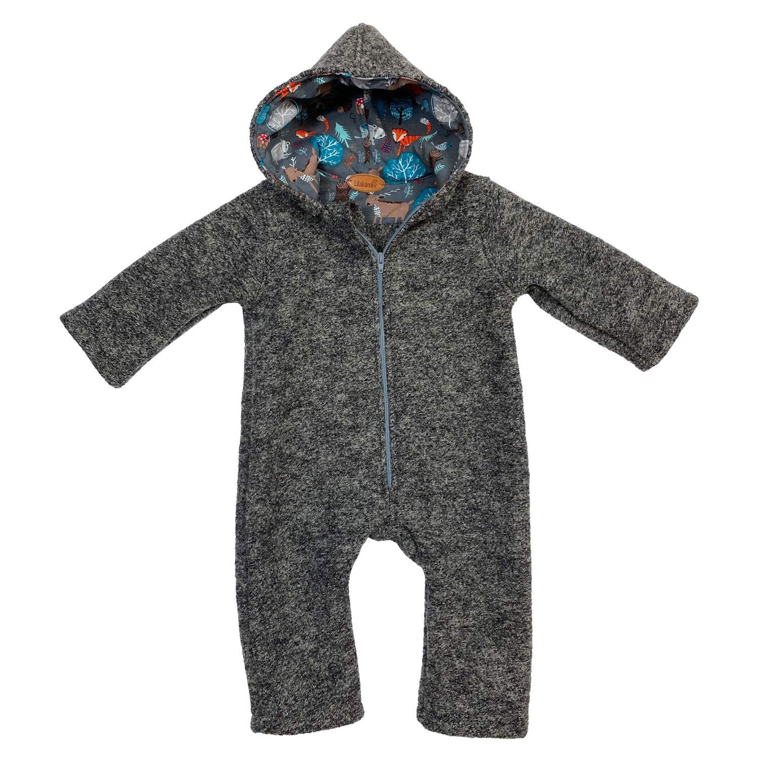 Lilakind Baby Wollwalk Overall mit Kapuze und Reißverschluss |Kleinkind Walkoverall |Made in Germany Grau Meliert Winter Wald Gr. 56/62-104/110