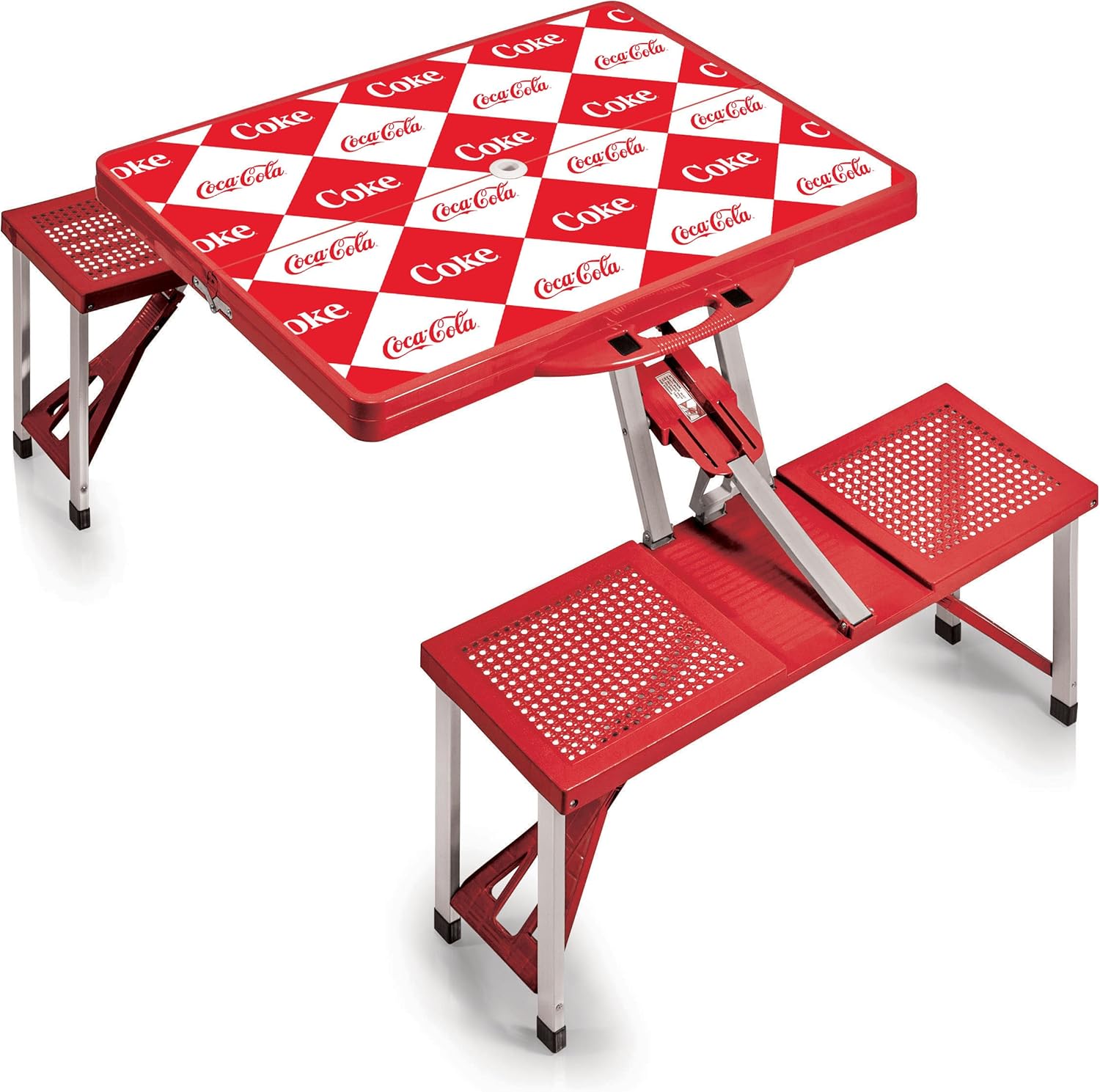 Picnic TIME Coca-Cola Folding Picnic Table with Seats, Collapsible Aluminum Table and Bench Set with Umbrella Hole, Lightweight Portable Table for Camping, Travel, Tailgating, Backyard (Red)