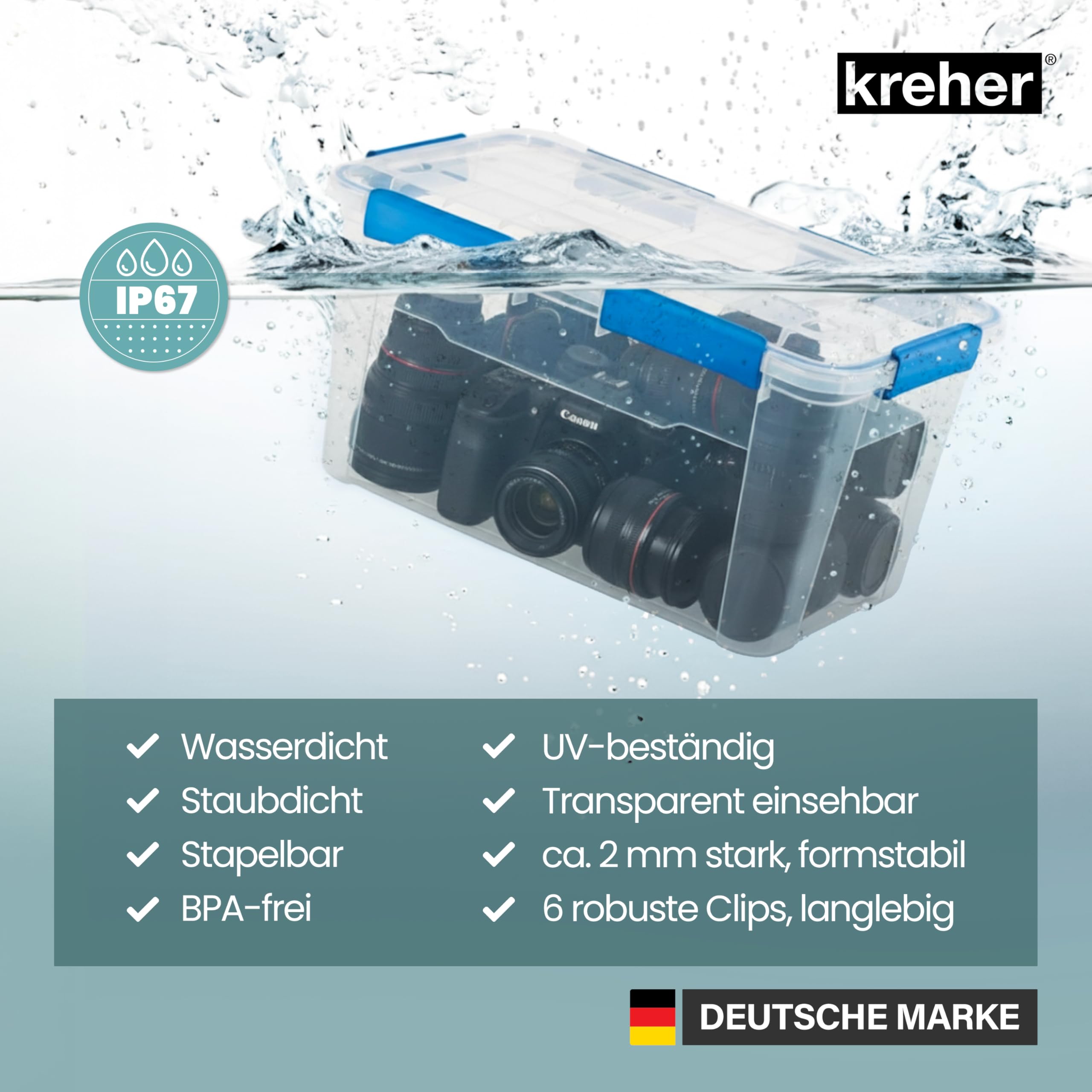 Kreher® Aufbewahrungsbox mit Deckel (50 Liter) – Wasserdichte Box stapelbar, Luftdichte Box BPA- & schadstofffrei, robuste Lagerboxen mit Silikondichtung, Kunstoffbox mit 6 Clips (2)