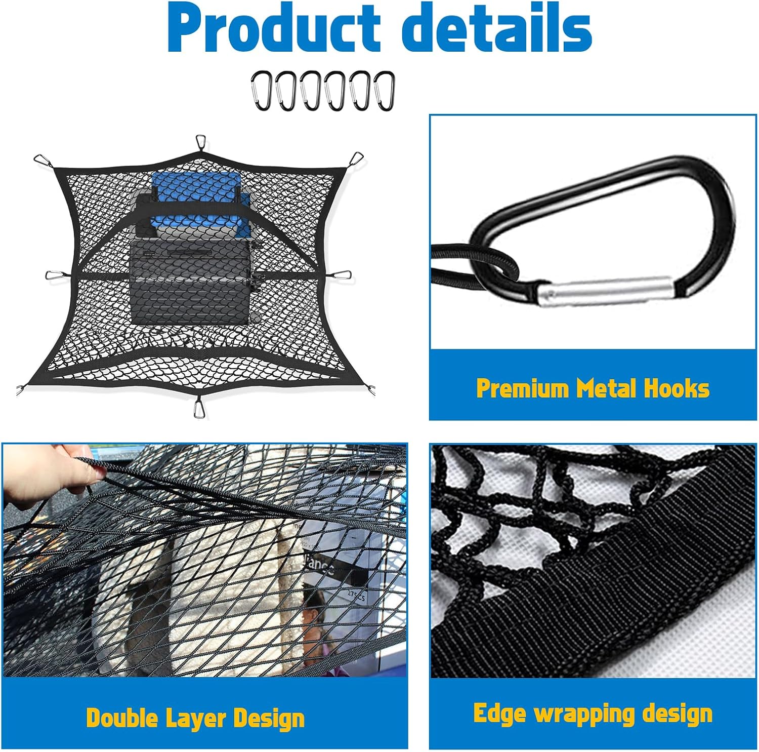 x xotic tech Cargo Net for Pickup Truck Bed - Stretchable 4'x4' to 7'x7' High Elastic Mesh Organizer with 6 Pcs Metal Carabiners - Ideal for Pickup Truck Trailer, ATV, UTV, SUV, Boat (Double Layer)