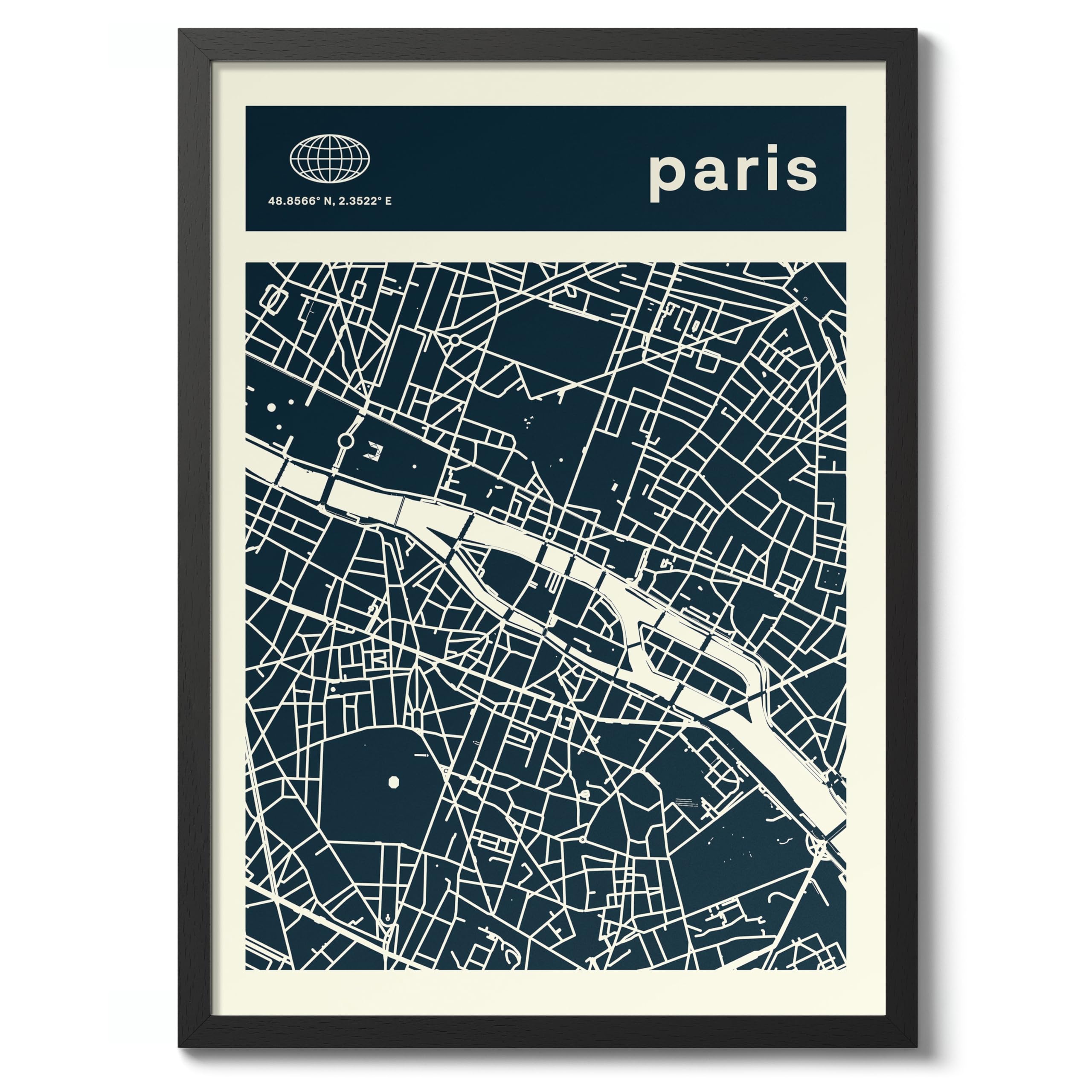 Paris Minimalist City Maps Poster, City Coordinates Print, Landmark Apartment Home Decor, A3 (Black Frame) - 45x32.8cm