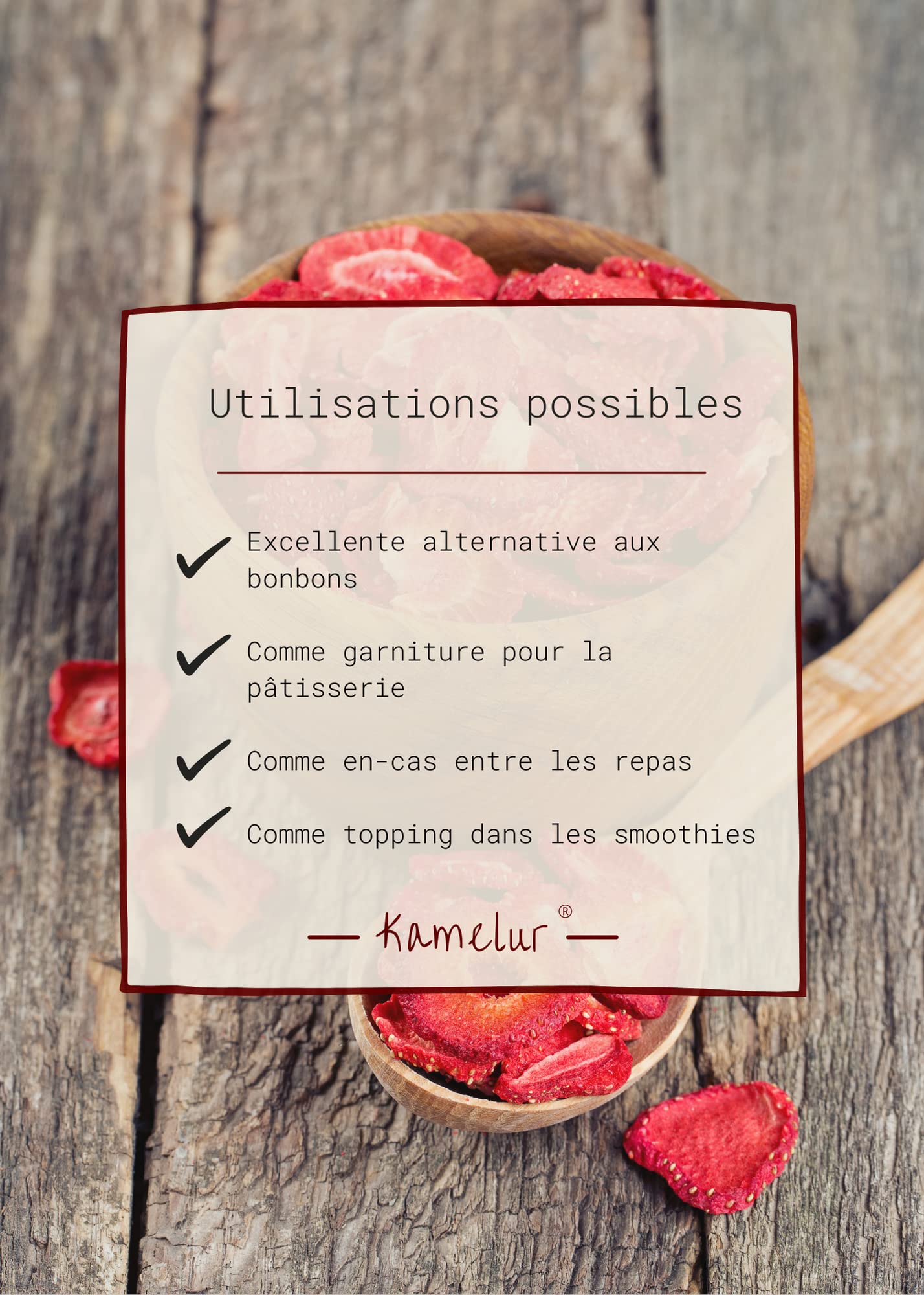 Kamelur BIO Fraises lyophilisées - Chips de fraises bio dans un emballage biodégradable - 250g