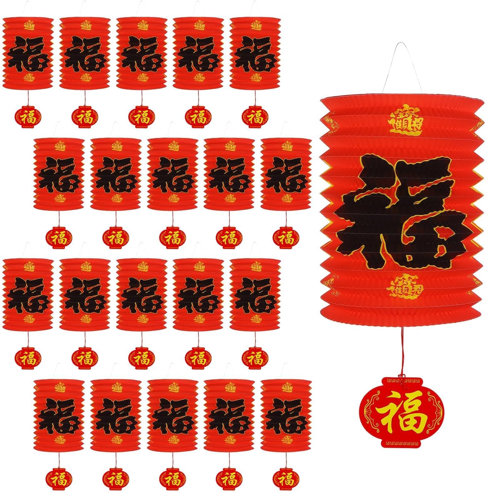 30 Pcs Chinese New Year Decorations Lanterns Hanging Red Fu Paper Lantern for Year of The Horse Spring Festival Party Supplies Decor for Birthday Wedding Restaurant Store