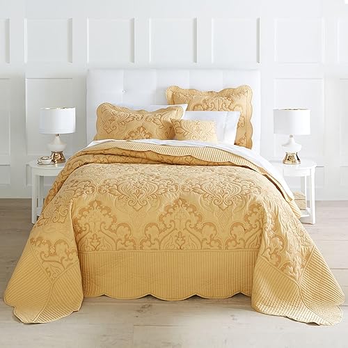 Miniatura 17 de BrylaneHome Ropa de cama ligera para todas las estaciones, colcha moderna Amelia acolchada de damasco de gran tamaño ultra suave - Queen, marfil