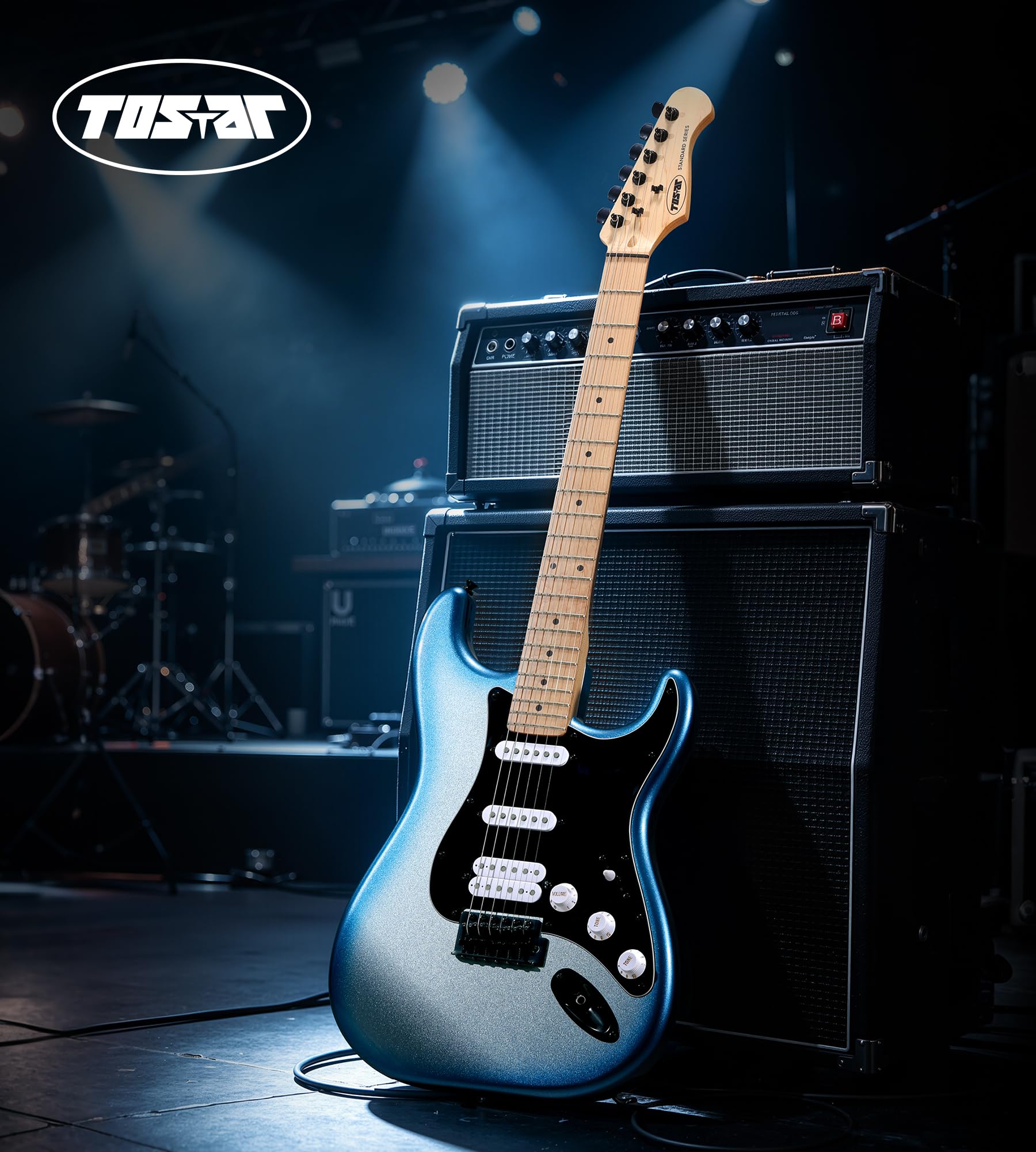 TOSTAR Zestaw do gitary elektrycznej, 80 cm, gitara praworęczna z litego drewna, dla początkujących, z wzmacniaczem, pick-up HSS, korpus topolowy, ręcznie polerowana, metaliczny niebieski, TST-320
