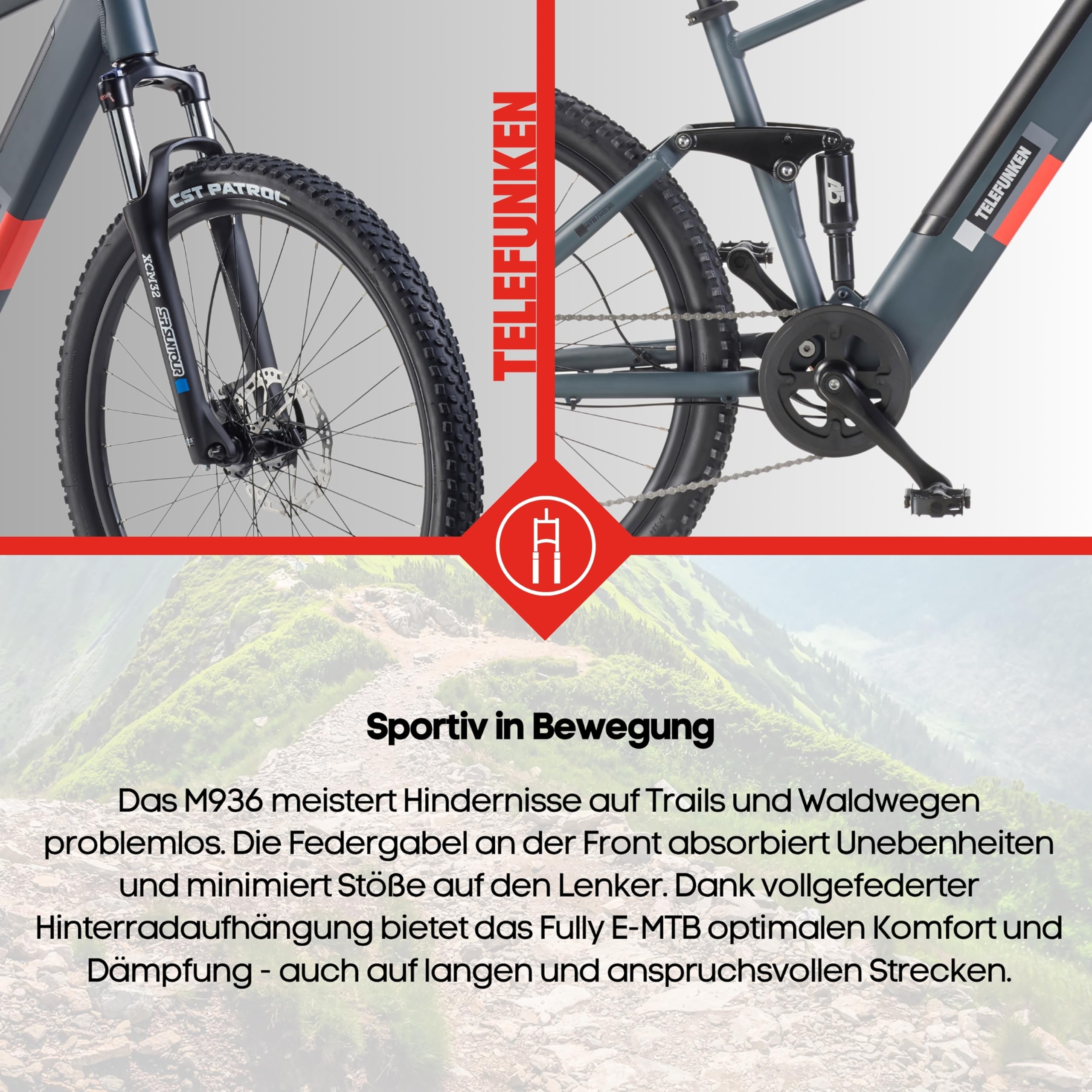 TELEFUNKEN E-Bike Mountainbike Elektrofahrrad Alu, 8 Gang Kettenschaltung - Pedelec MTB 27,5 Zoll, Hinterradmotor, 250W, Hydr. Scheibenbremsen, Grau, Aufsteiger M936