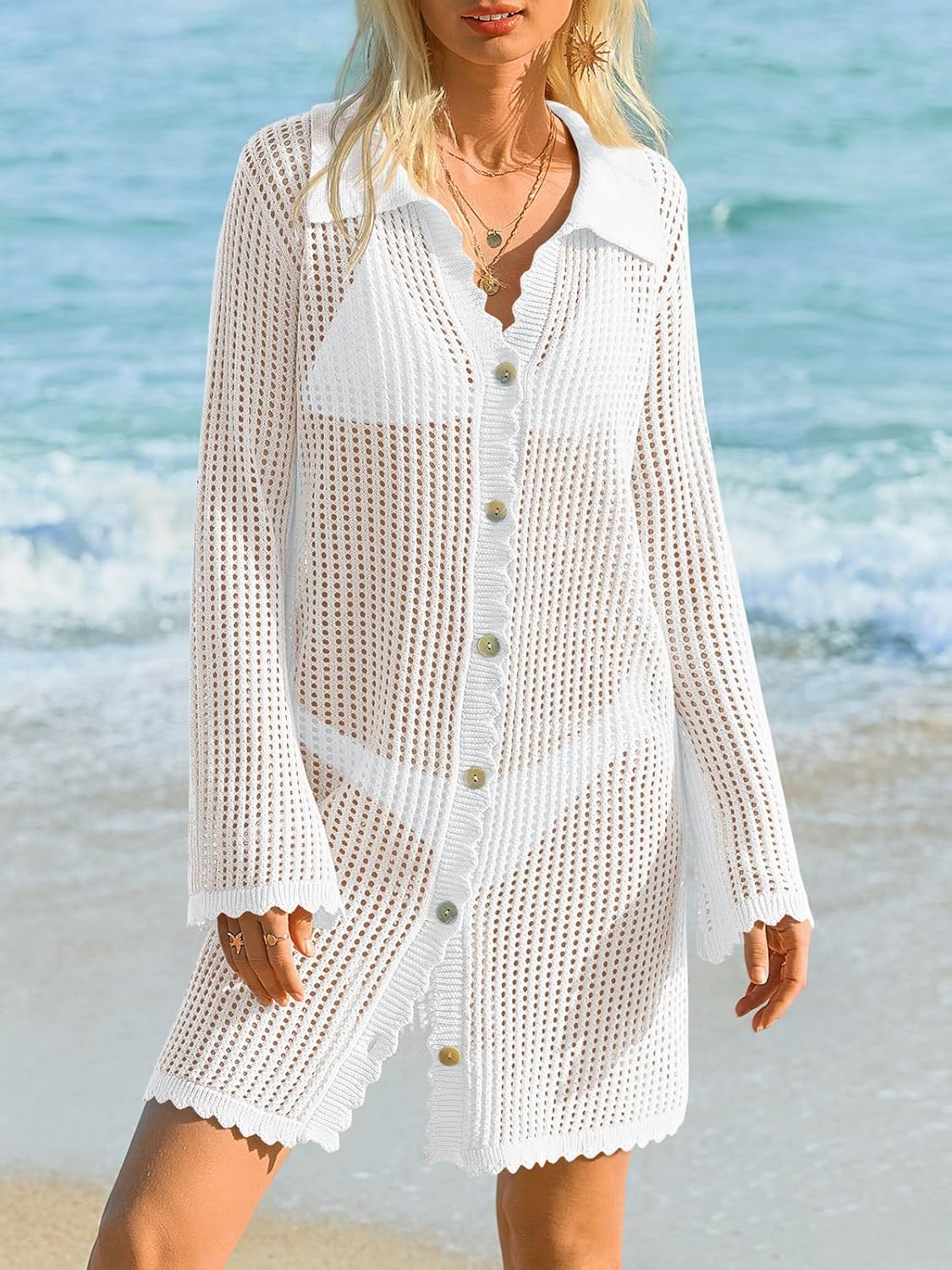 Saodimallsu Womens Crochet Swimsuit Coverup Button Down Long Sleeve Cardigan Mini Dress Beach Cover Ups Vacation Outfits - Image 2