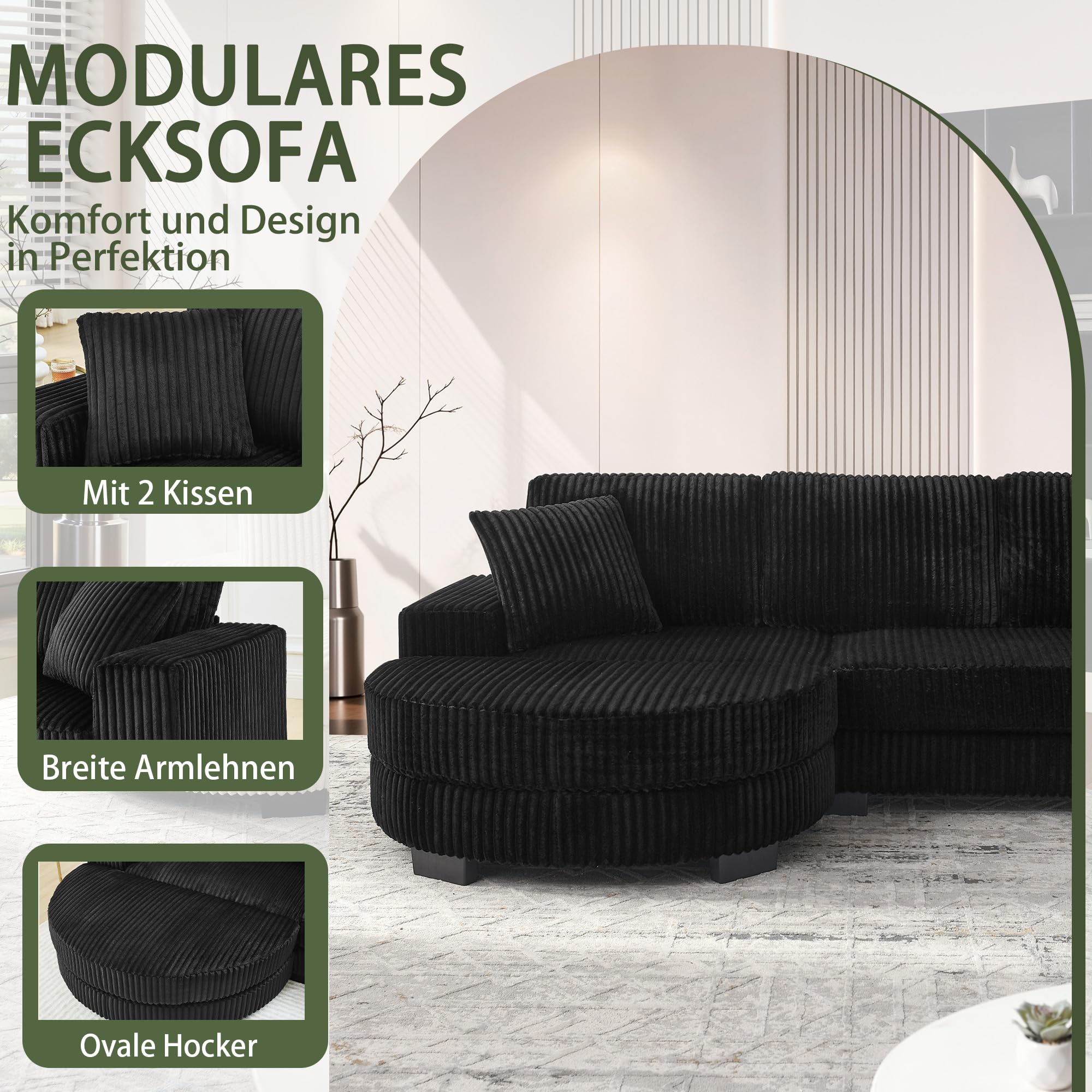 Sofá esquinero en forma de L, 256 cm, color negro, 4 plazas, taburete