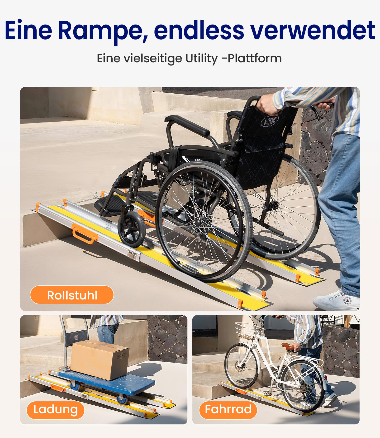 VOCIC CP31 Rollstuhlrampe für Treppen 92-152CM,Rampe für Rollstuhl tragbare | Aluminium klappbar stabil Teleskoprampe für Rollstühle nur 7KG, Fahrradrampe Auffahrrampe Laderampe bis 300KG,Gelb
