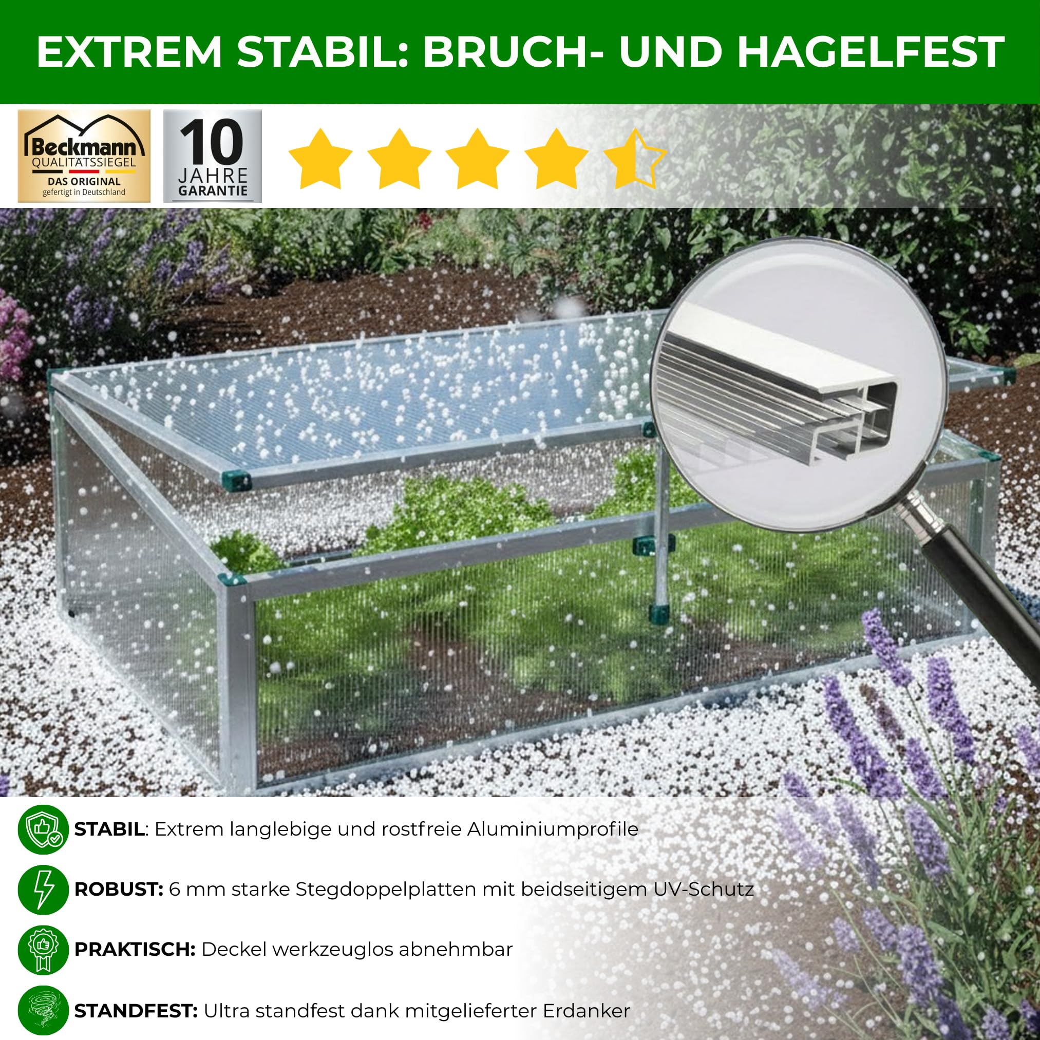 Beckmann Frühbeet Typ Allgäu Modell FSH [10 Jahre Garantie] Hagelfeste 6mm Polycarbonatplatten I Made in Germany I UV-Schutz I Premium Aluminium Mini Gewächshaus I 98x58cm