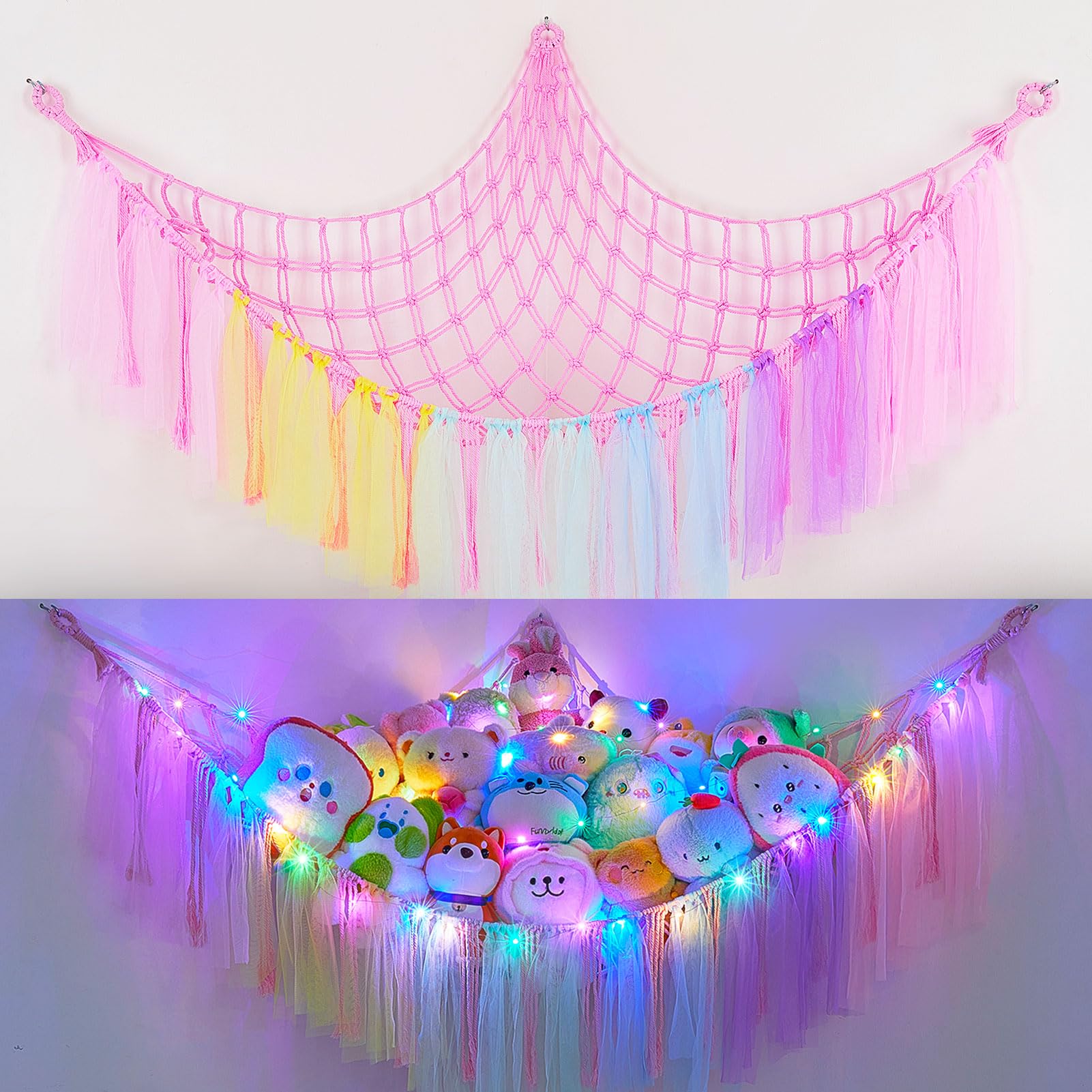 FIOBEE Stuffed Animals Net LED Light Toy Hammock for Kids Bedroom Storage
