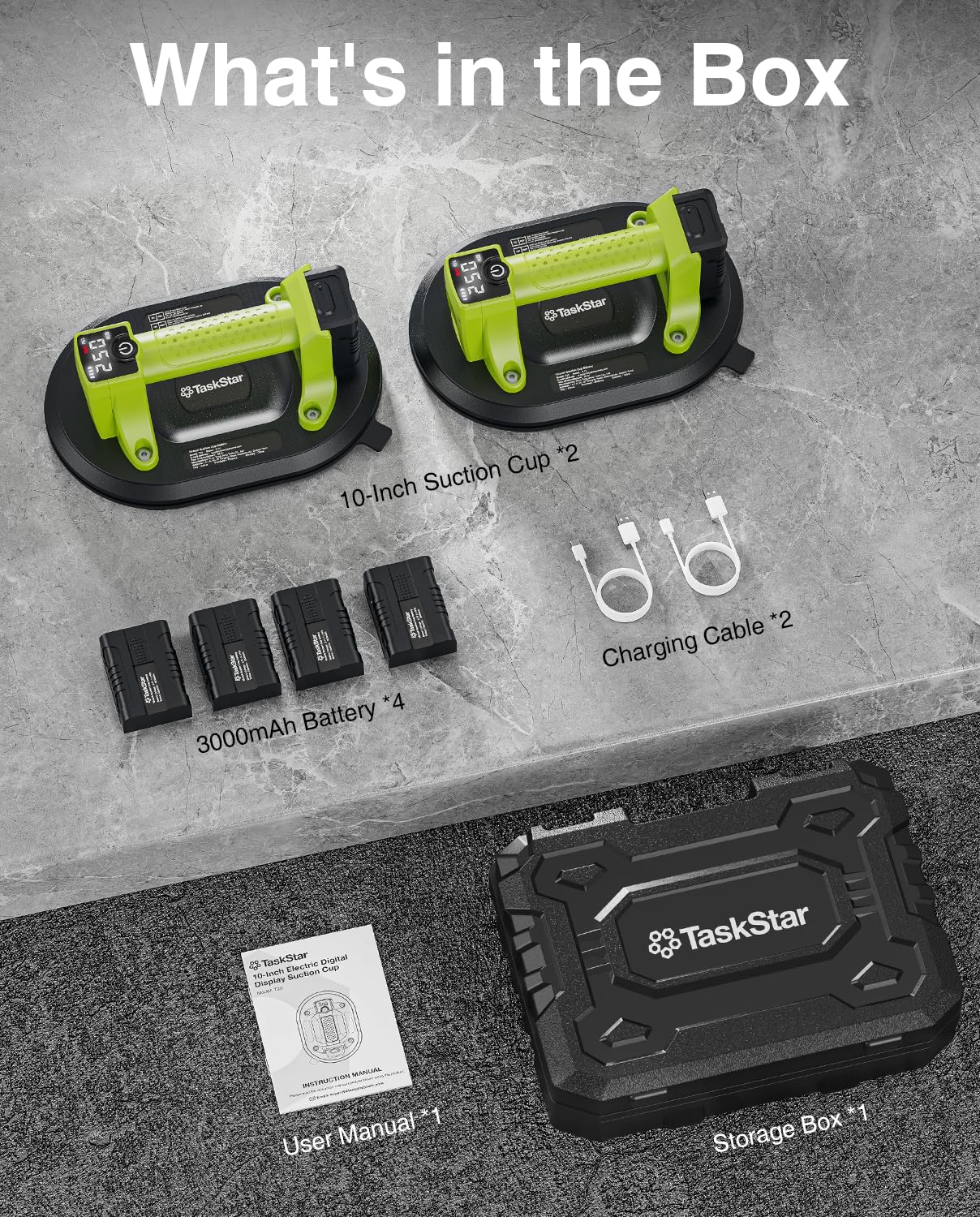 Taskstar Ventosa Elettrica: Ventosa a Batteria da 25cm per Piastrelle con 4x Batteria da 3000mAh - Carico verticale 250 kg - Display LCD, Sollevatore a Vuoto Senza Fili per Piastrelle (Verde)