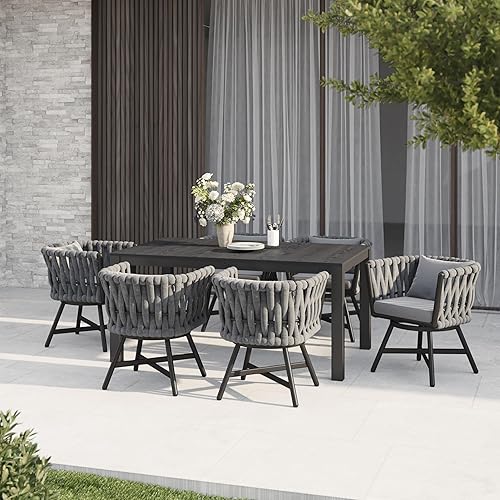 Miniatura 3 de Grand patio Juego de comedor al aire libre de 7 piezas para 6, Juego de muebles de comedor de patio con 6 sillas giratorias de mimbre de cuerda y 1