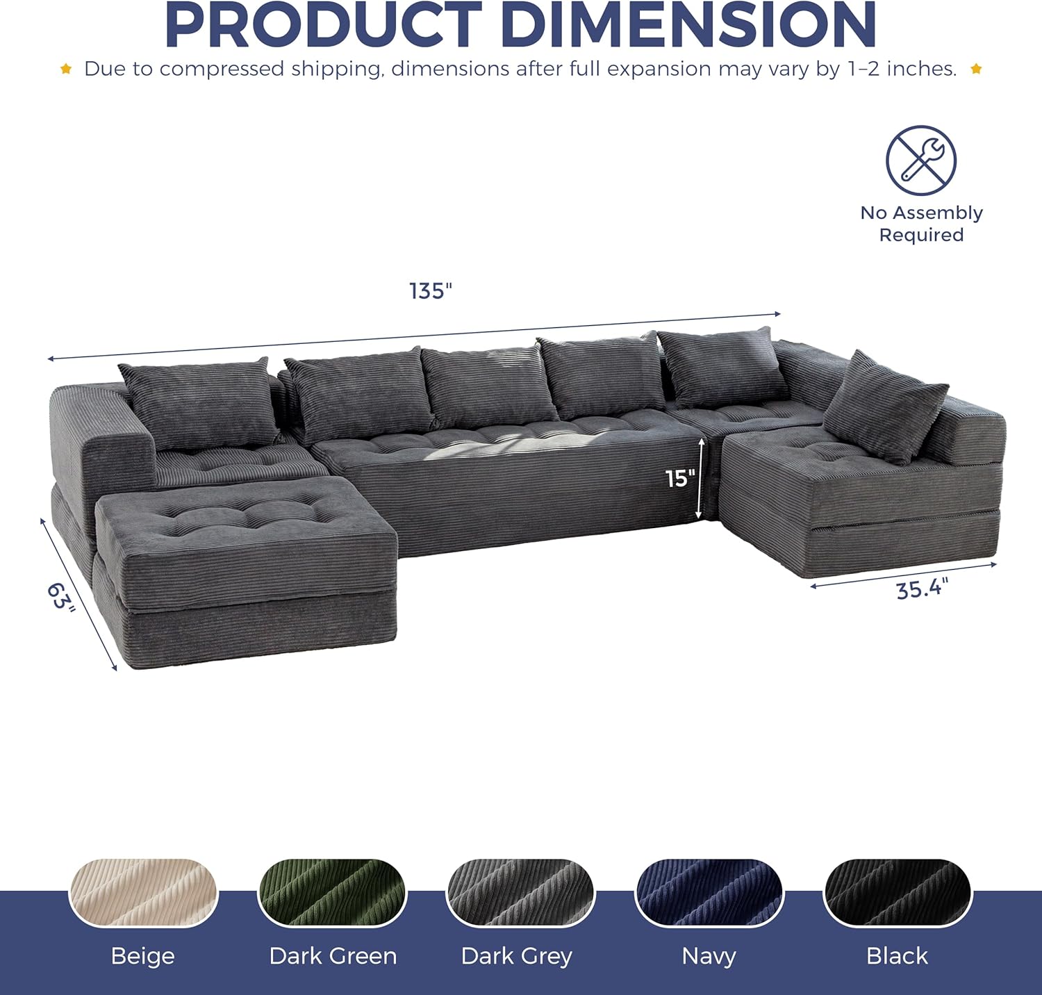 MAXYOYO Modular Sectional Sofa Couch, Foldable U Shaped Cloud Couch with Pillows, Tufted 7-Seat Boneless Sleeper Lounger Floor Sofa Bed for Living Room, No Assembly Required, Dark Grey