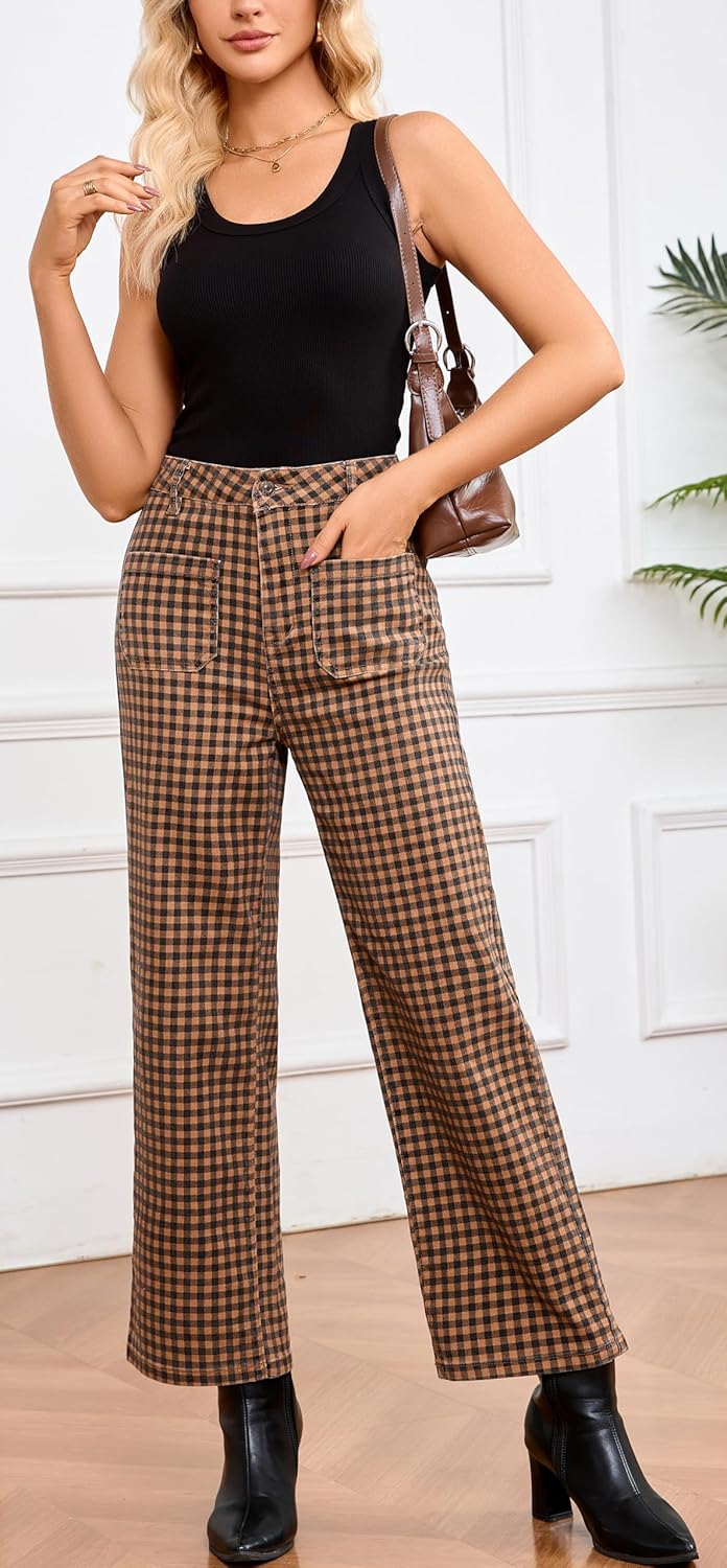 Plaid Pants for Women High Waist Wide Leg Jeans Stretchy Denim Pants Casual Gingham Trousers with Pockets - Image 5