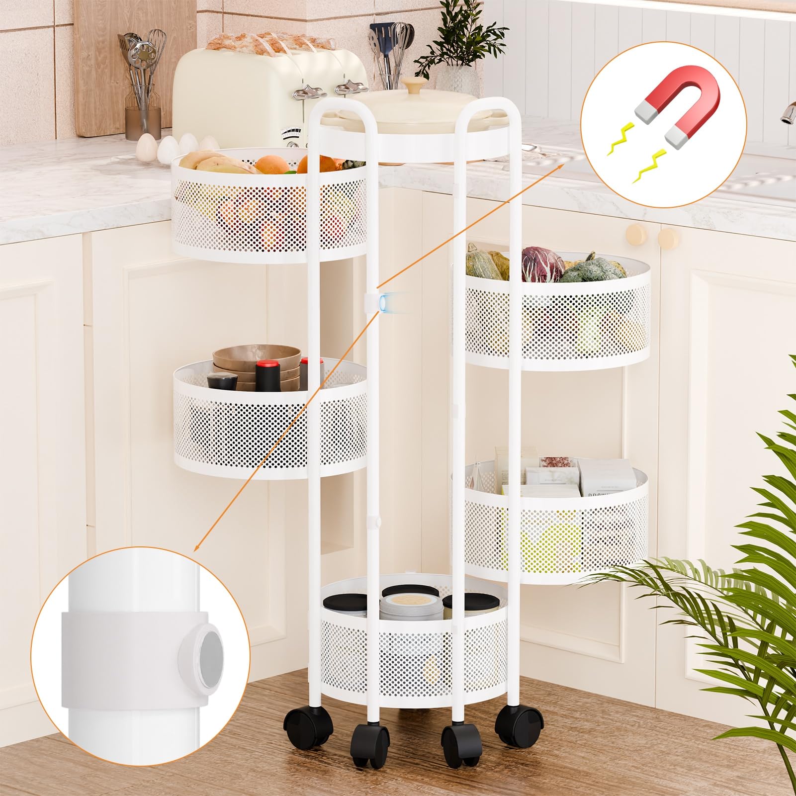 Carrito de almacenamiento de cocina, cesta giratoria circular de 5 niveles, estante de almacenamiento grande con ruedas de 360 grados, estante de frutas y verduras, carrito móvil