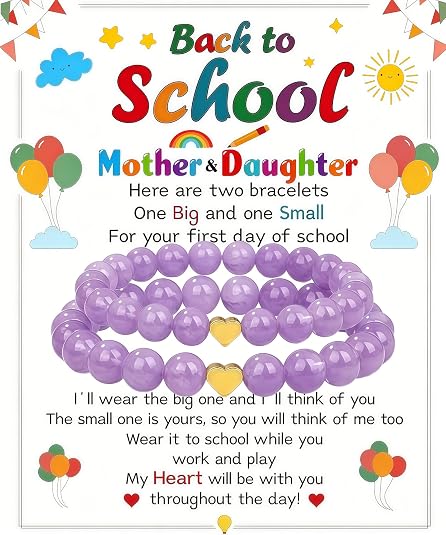 Back to School Bracelets Heart Matching Mommy and Me | Elastic Wish Strings Bead Bracelet Set First Day of School Supplies Gifts with Heartfelt Message