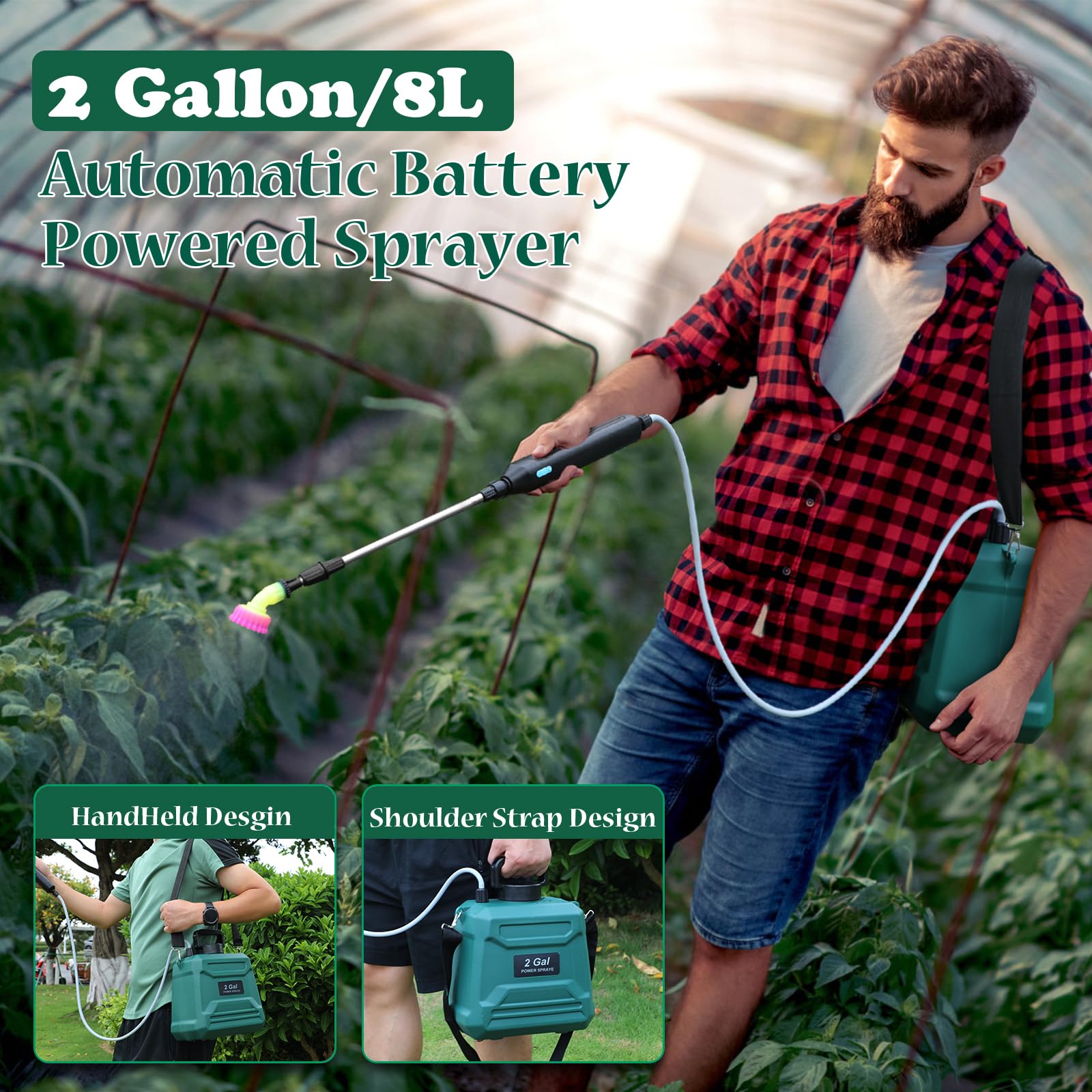 Pulverizador Eléctrico de Jardín 8 L a Batería, Recargable por USB con 3 Boquillas Ajustables, Lanza Telescópica y Correa Ajustable, Pulverizador de Presión para Riego, Plantas y Deshierbe