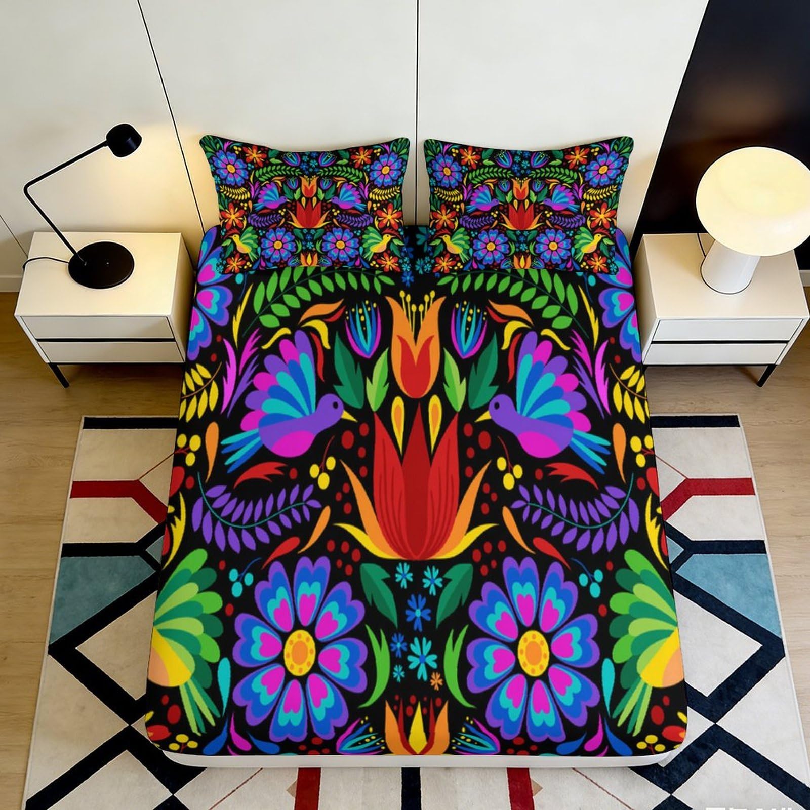 3D Printed Mexican Folk Art Fitted Sheet Microfiber Colourful Bird Floral Mattress Cover Bedroom Decor 90x200x25cm