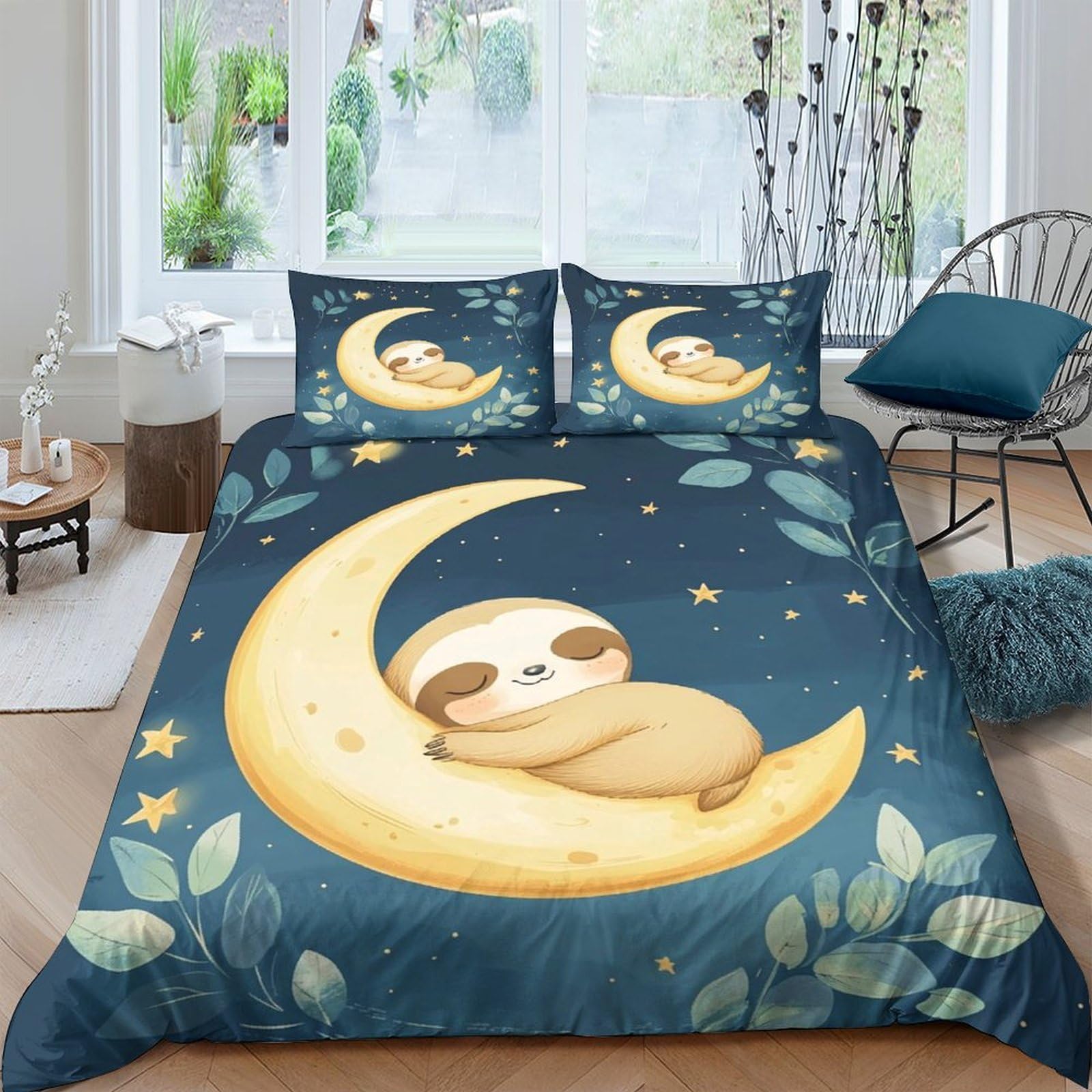 Ctjqhvkz Style-7 3D Printed Sloth Moon Fitted Sheet Microfiber Soft Breathable Night Sky Mattress Cover For Bedroom Dorm Decor Single（135X200cm）