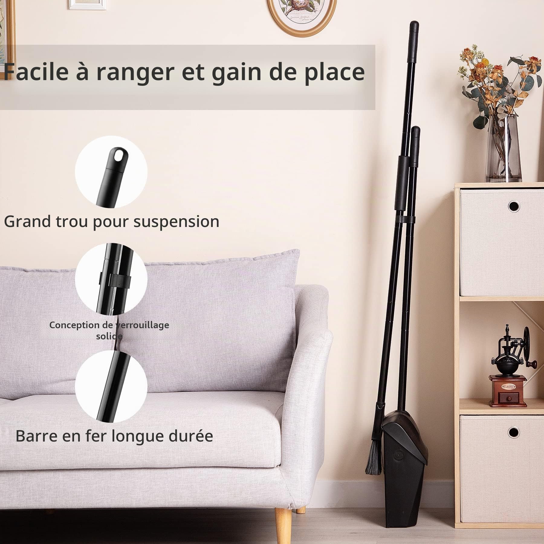 Eyliden Ensemble Balai et Pelle à poussière d'angle Commercial, avec Long Manche, pour Garage, Cour, Trottoir, terrasse, intérieur, Cuisine, Bureau, Noir