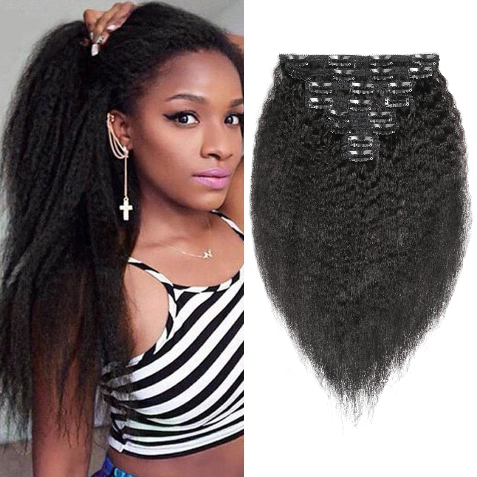 Kinky-Straight Human Hair Clips Extension a Clip Cheveux Naturel 120g-8pcs Invisibles à Clip Human Hair Clips ins Perruques Pour Femmes Noires Clip Extension Brazilian Virgin Cheveux 10"