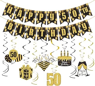 Happy 50th Birthday Banner Swirls Streamers Set - Glitter Black Gold Birthday Banner Party Decorations 50th Hanging Swirls Set for Men Women Happy 50 Years Old Bday Party Hanging Backdrop Decorations.
