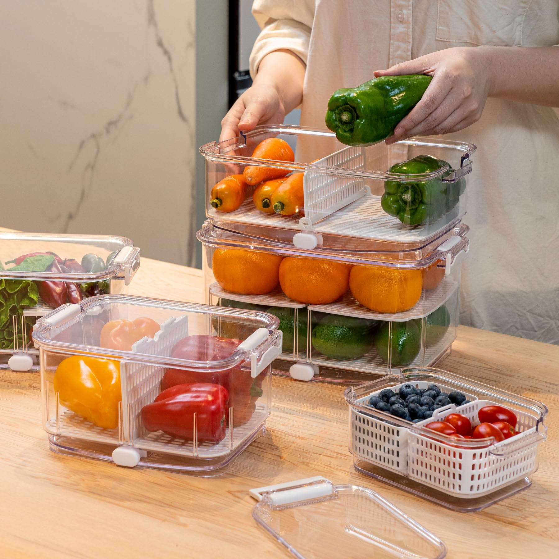Felli Duo Fresh - Contenedor de frutas y verduras con ventilación y drenaje en la parte inferior para lavado, colador colador para refrigerador, recipiente de lechuga y bayas
