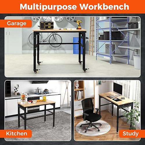 Miniatura 9 de Goplus Banco de trabajo con toma de corriente, mesa de trabajo ajustable de madera de roble de 48 pulgadas con ruedas universales bloqueables y