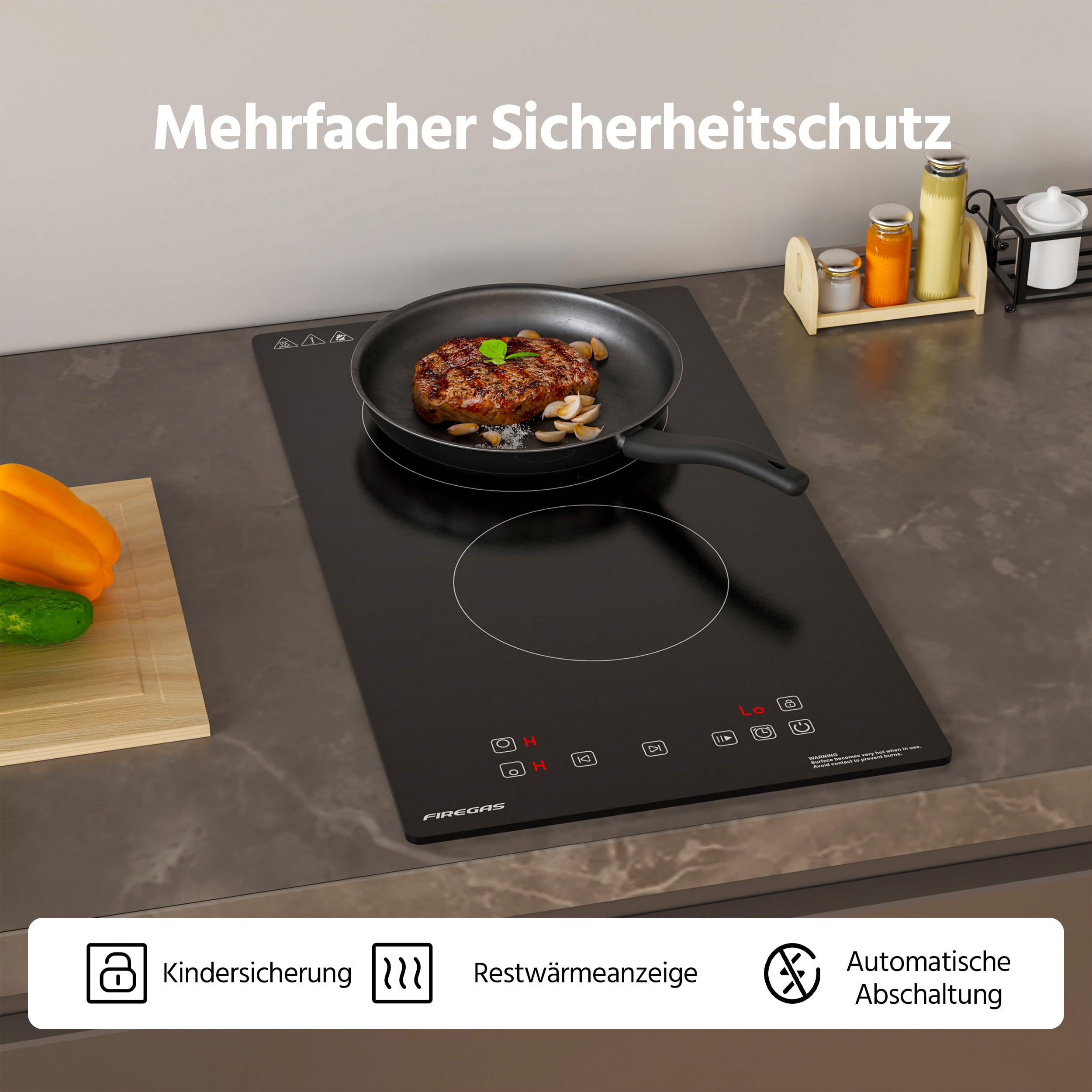FIREGAS Domino Glaskeramikkochfeld 3000W 9 Leistungsstufen Sensor-Touch-Steuerung Kindersicherung Timer 2 Platten