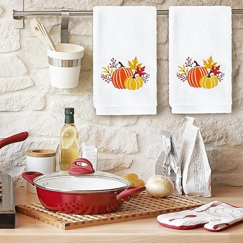 Miniatura 6 de AnyDesign Paquete de 2 toallas de mano de calabaza de algodón bordado de calabaza hojas de arce decorativas para otoño, Acción de Gracias, baño,