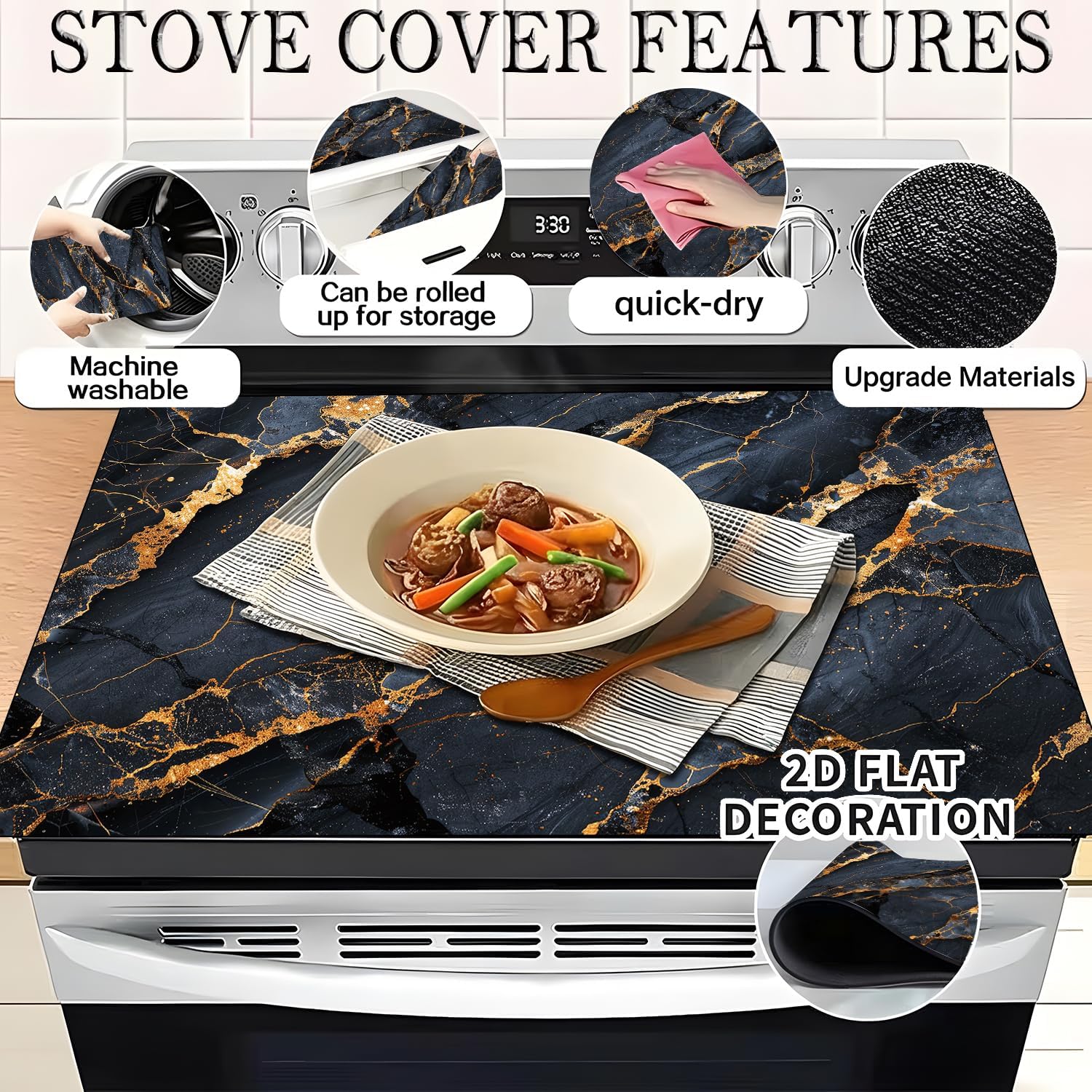 Stove Top Covers for Electric Stove, Waterproof Range Shield, Scratch-Blocking Cooktop Cover, Easy-Wipe Countertop Protector, 28.3 x 20.5 Inches, Black Gold Marble Kitchen Decor(Black Gold Marble)