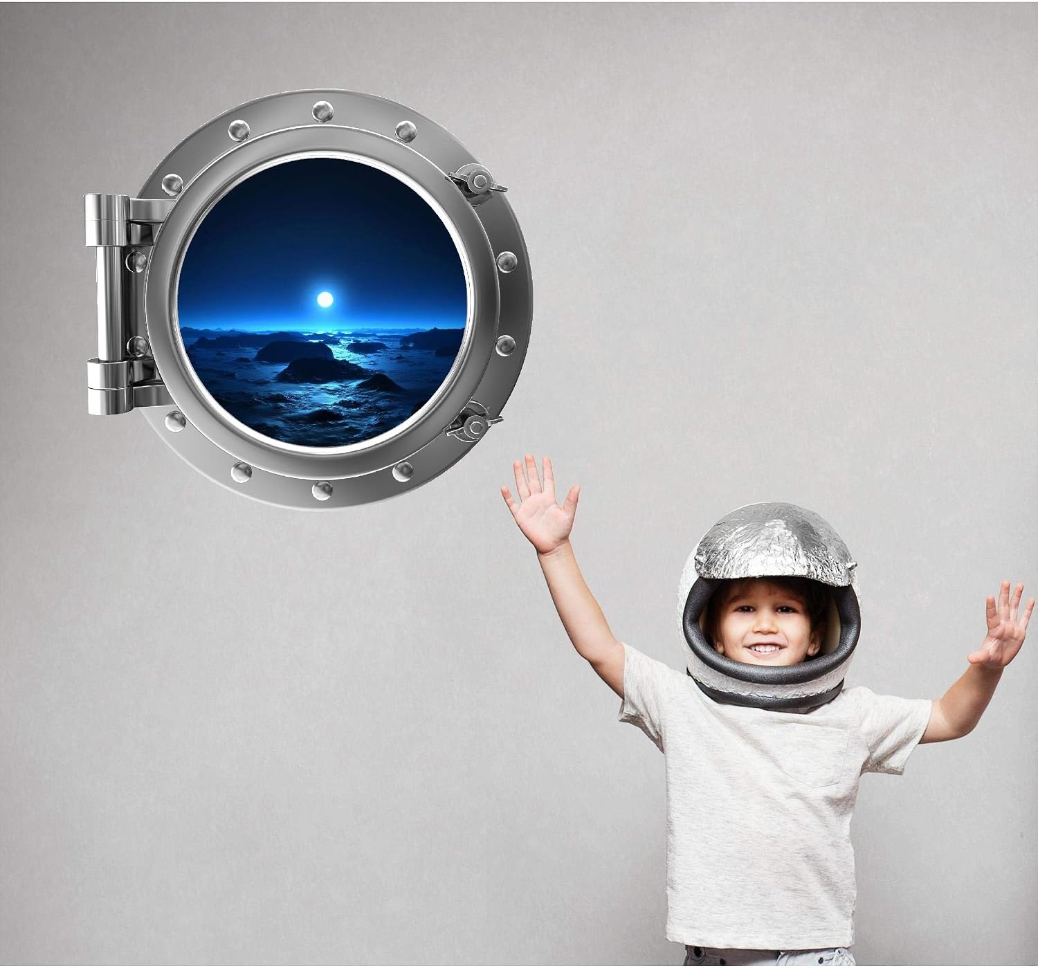 24" Port Scape Instant View Ice Planet #1 Silver Porthole 3D Window Wall Decal Removable Wall Sticker Outer Space Wall Art for Kids Boys Bedroom Decor