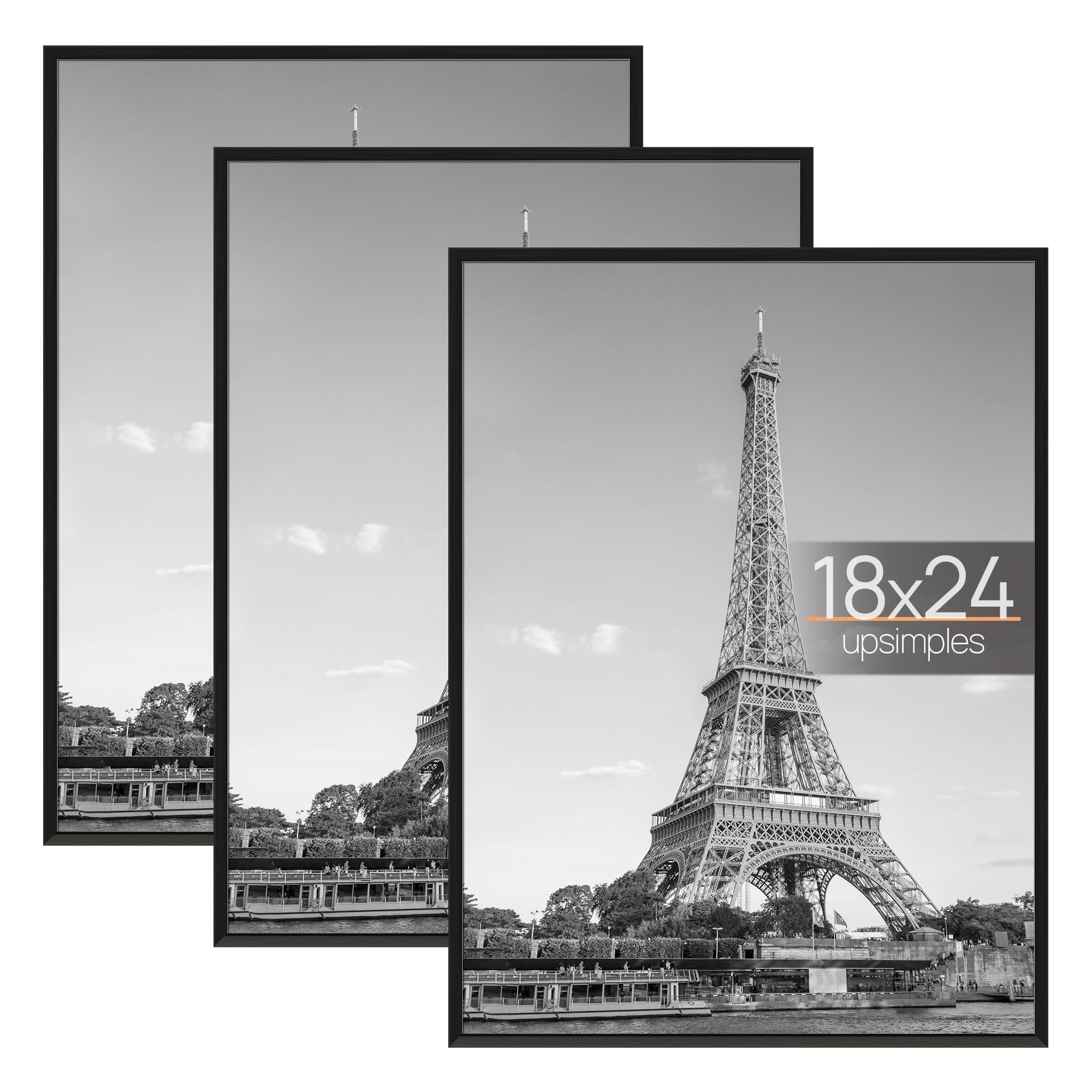 upsimples18x24 Frame Black 3 Pack, Poster Frames 18 x 24 for Horizontal or Vertical Wall Mounting, Scratch-Proof Wall Gallery Photo Puzzle Frame