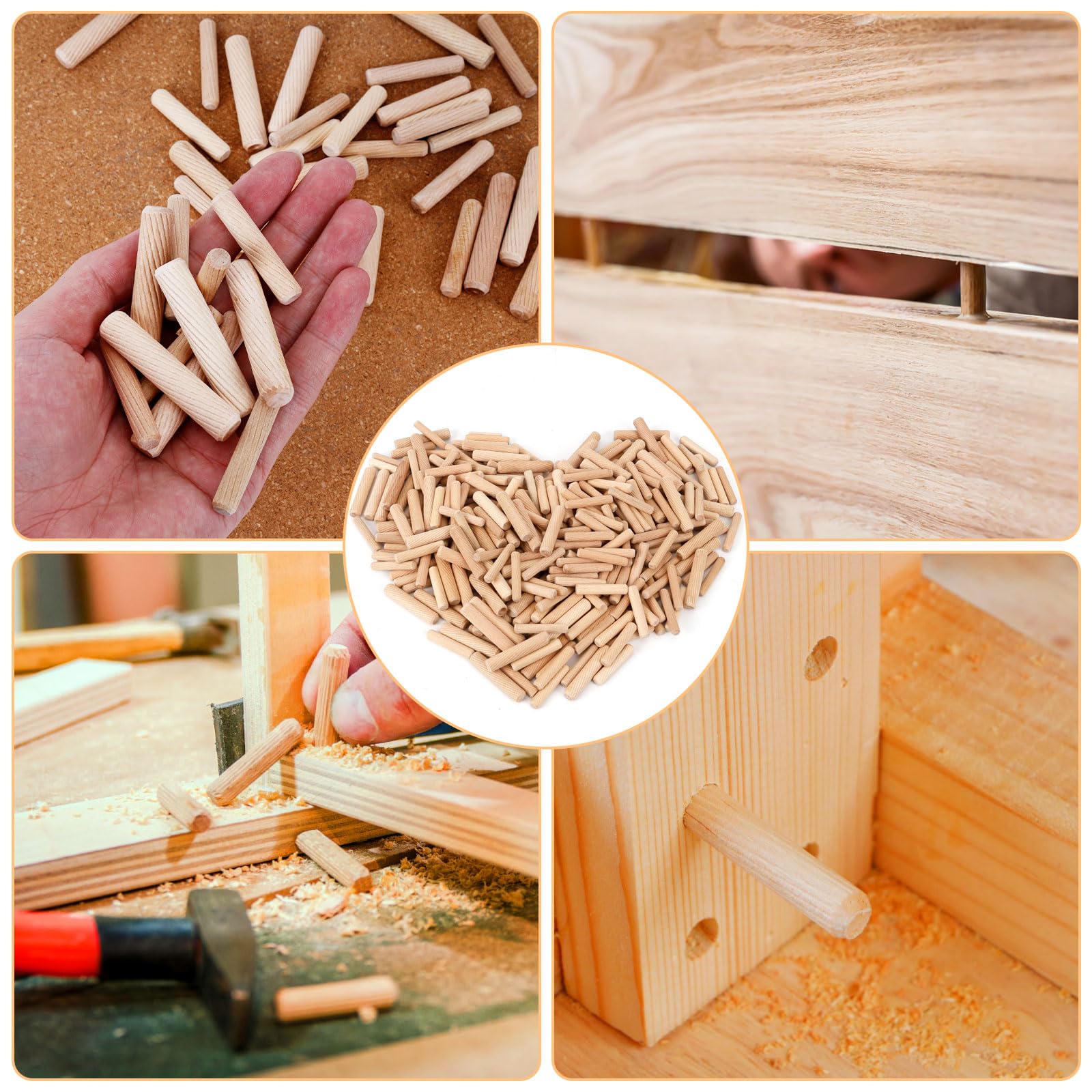 500 Pezzi Tasselli in Legno Scanalate Con 4 Pcs Perno di Centraggio, Spine per Mobili, Progetti di Artigianato, Fai da Te (30x5mm/40x6mm/40x8mm/50x10mm)