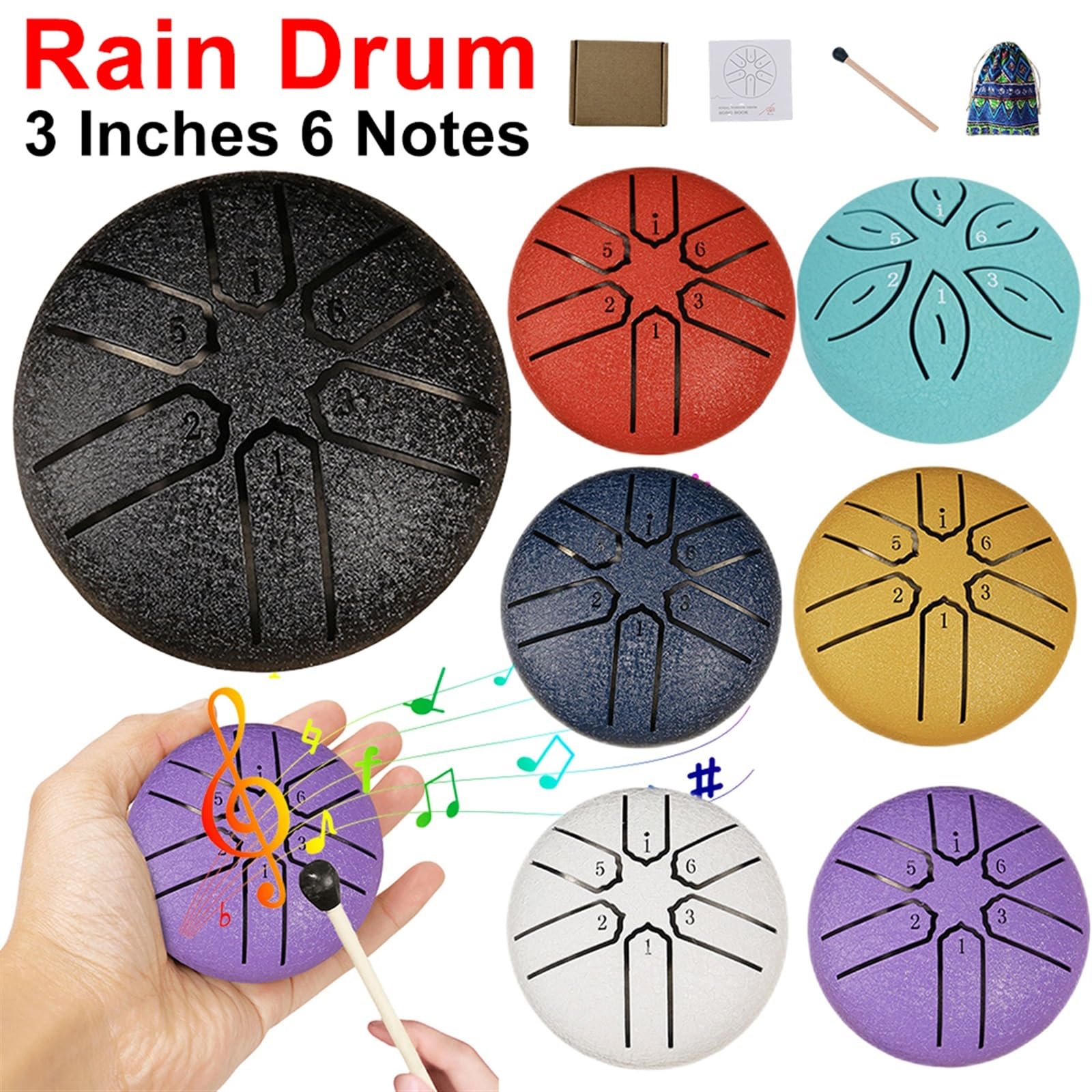 3 Zoll 6 Noten Regentrommel for draußen Regentrommel Instrument Mini Handpan Trommel Outdoor Regentrommel for Yoga Meditation für Liederabende, Konzerte(Purple)