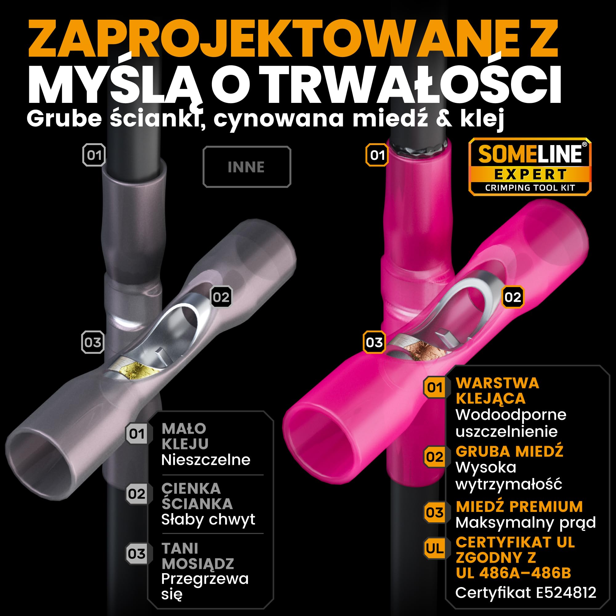 SOMELINE Zestaw szczypiec zaciskowych łączników kablowych, 3 rodzaje [0,34 – 6 mm²] zestaw łączników stykowych, końcówek kablowych, złączek termokurczliwych do tulejek kablowych, szczypiec zaciskowych