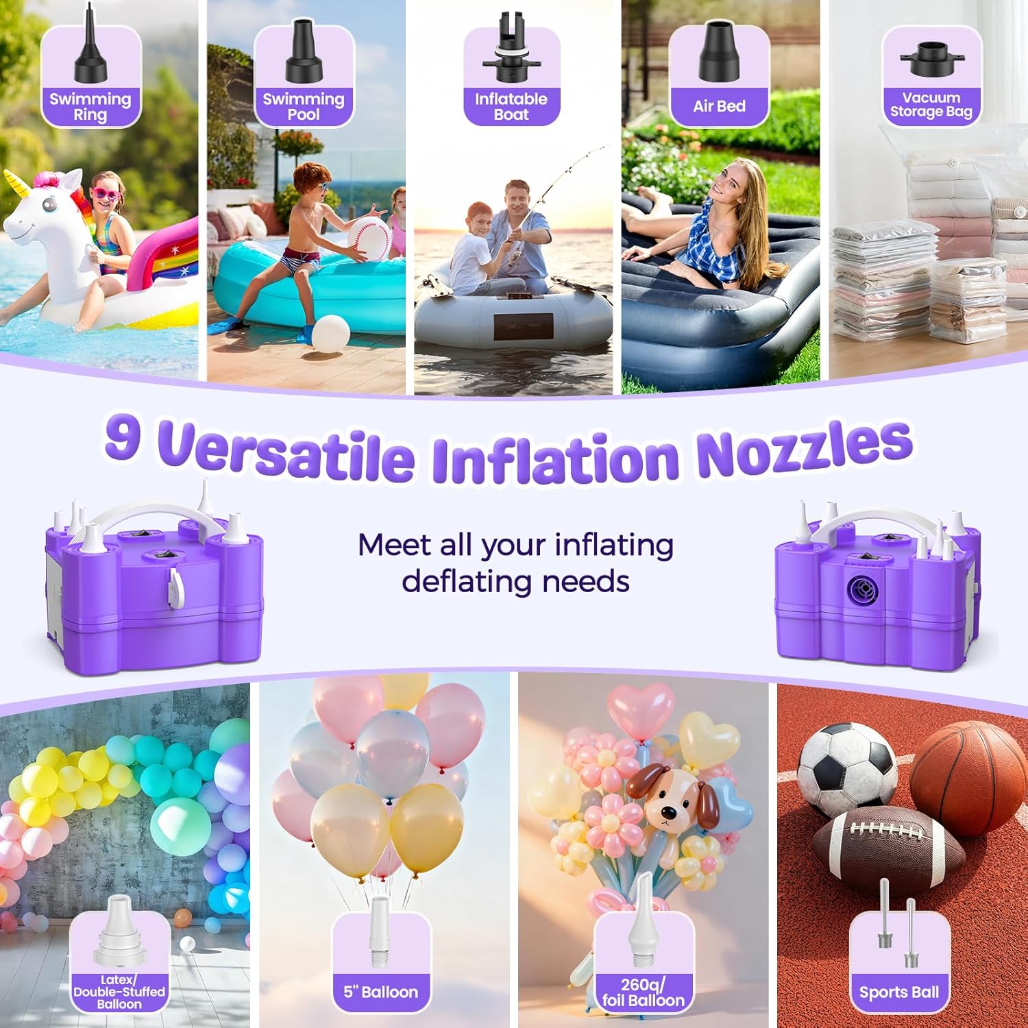 Electric Balloon Pump, 4-in-1 Balloon Blower with Triple Inflating Ports for All Balloons, Air Pump for Sports Balls, Inflator& Deflator for Inflatables (Dust-Proof Storage Bag Included)