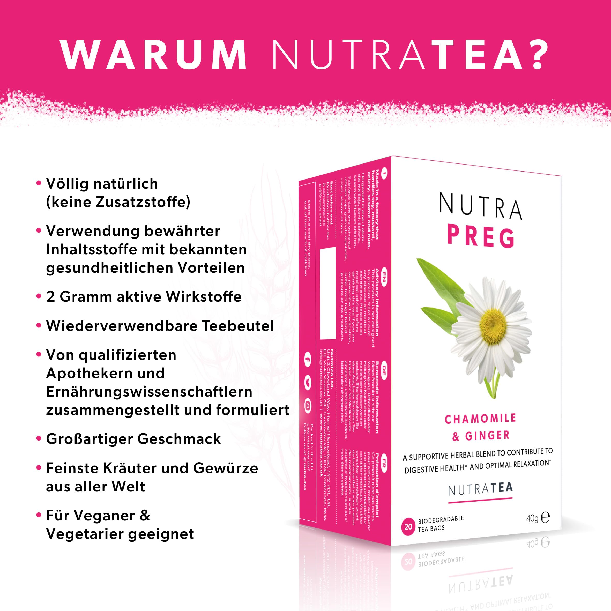 Nutra Tea NUTRAPREG, Schwangerschaftstee unterstützt während der Schwangerschaft das Wohlbefinden, beugt Übelkeit vor, trägt zur Entspannung bei, 120 wiederverwendbare Teebeutel, mit Kamille & Ingwer