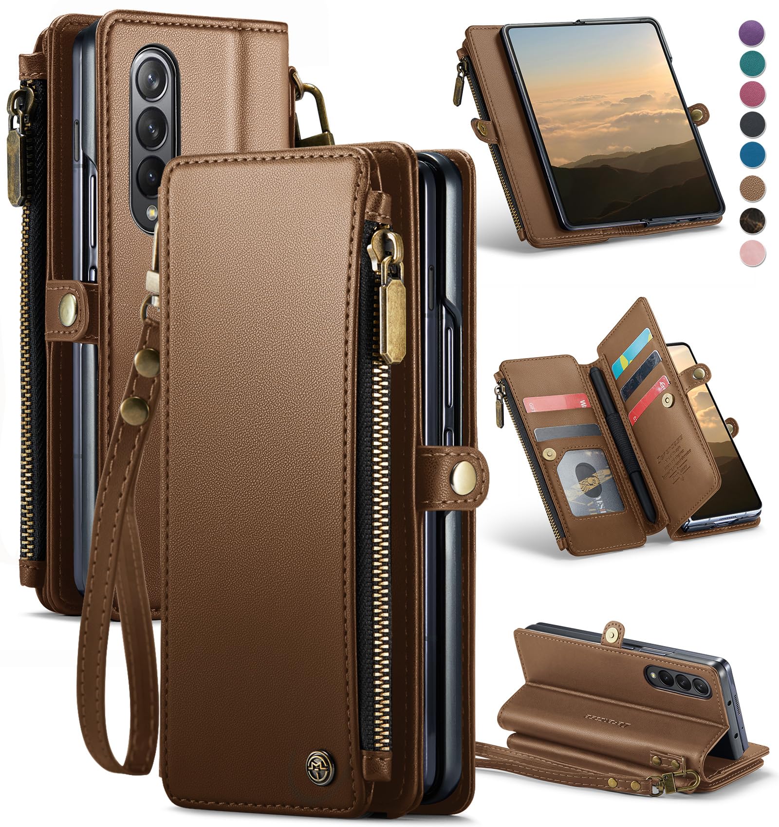Defencase Wallet Case Compatible with Samsung Galaxy Z Fold 3 with RFID Blocking Card Holder & S Pen Holder Slot PU Leather Magnetic Snap Flip Zipper