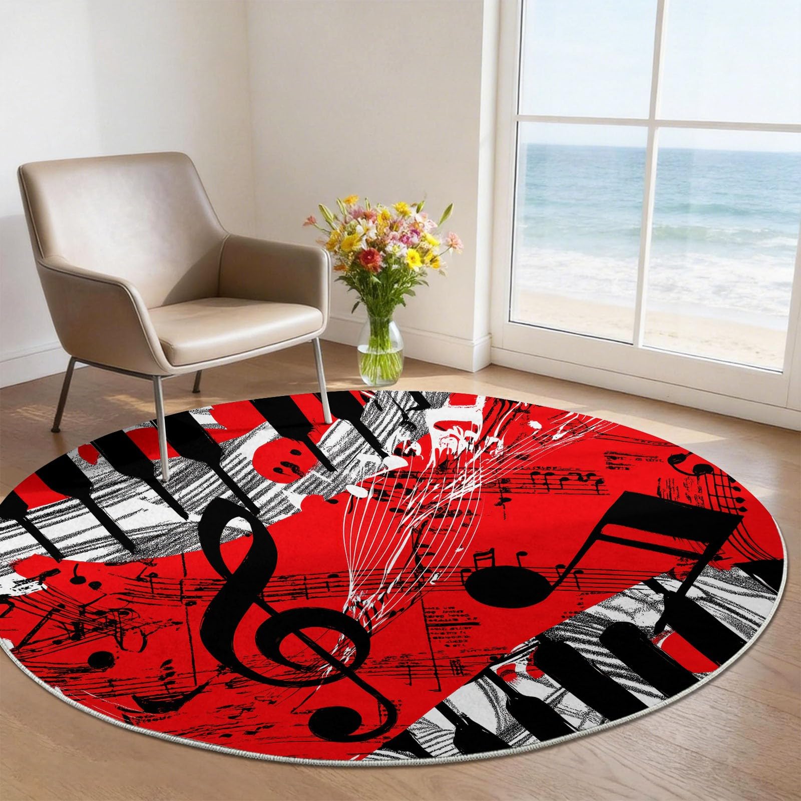 Tappeto rotondo Astratto Tasti Rossi Note Musicali Tasti Del Pianoforte Tappeti per soggiorno, antiscivolo, lavabile, per camera da letto, morbido tappeto stampato, per camera dei bambini, 100 cm