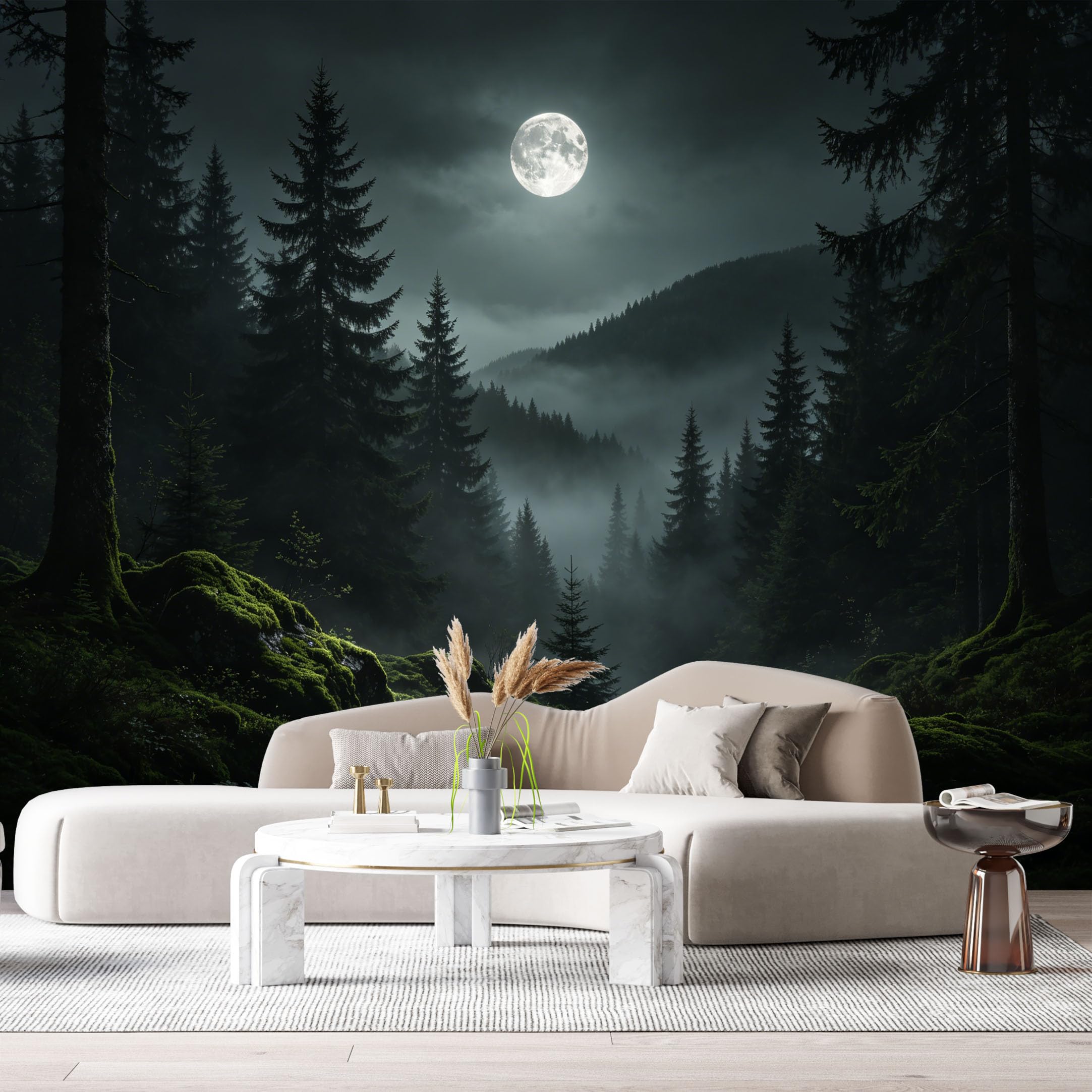 Custom Size Wall Murals Moonlit Forest Landscape Misty Mountains Night Sky SelfAdhesive Wall Fabric Removable Large Wallpaper for Photo Living Room