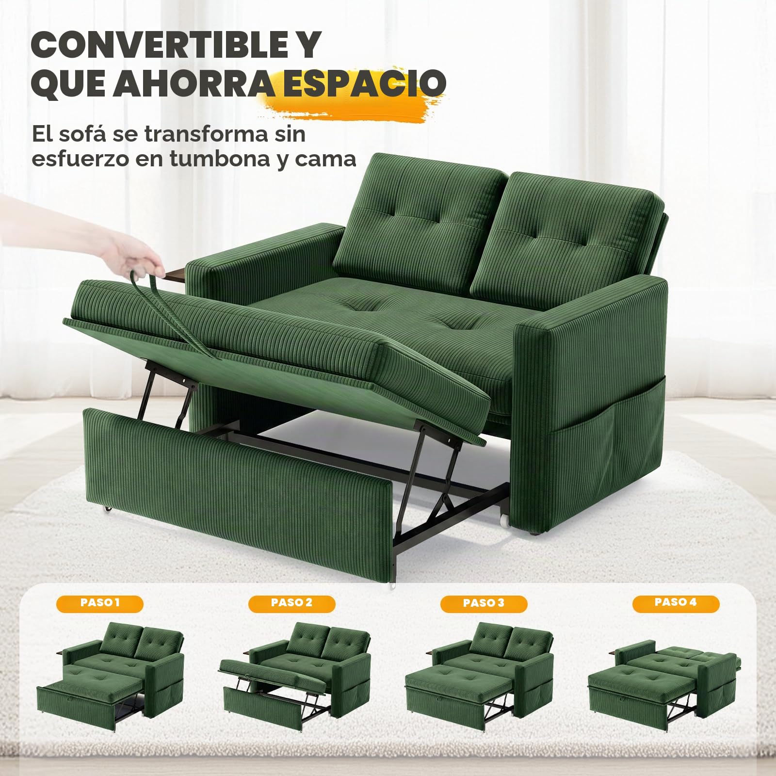 YOUDENOVA Sofá Cama 3 en 1, Sillón Cama multifunción, Sofá reclinable con Respaldo Regulable en 5 Posiciones, Sofá Cama para 2 Personas con Mesa y Bolsillos Laterales, Pana Verde